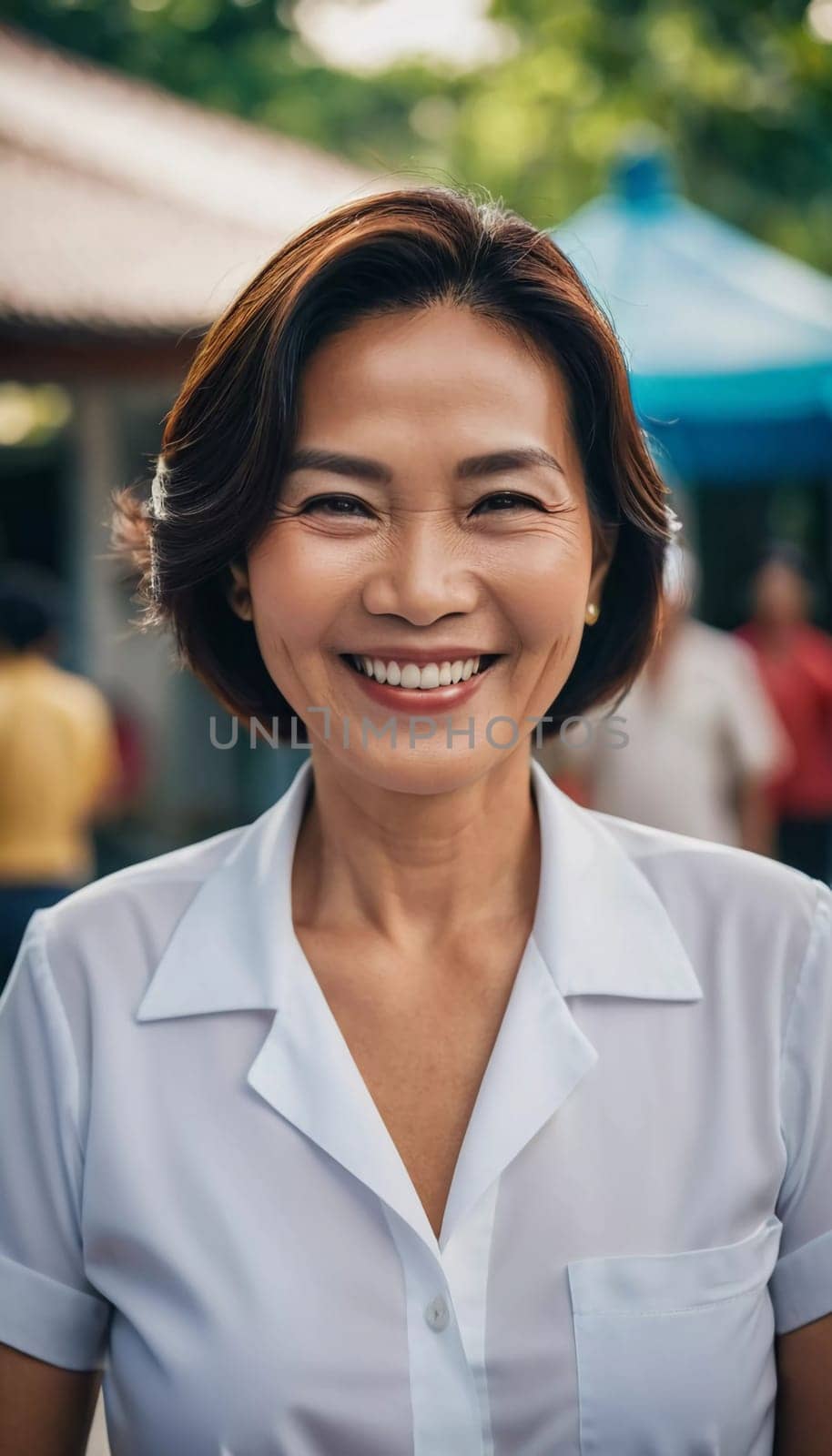 A woman in her fifties is smiling warmly, showcasing her joy at a vibrant local market in Thailand. The atmosphere is lively, filled with people and colorful stalls, reflecting the culture.