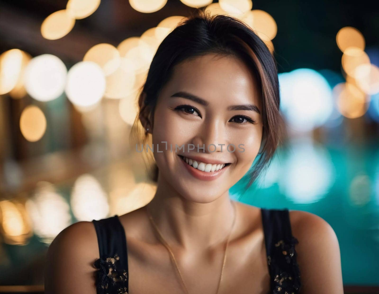 A young woman from Thailand smiles brightly while relaxing by the pool area during a vibrant evening. The warm lighting adds a cheerful atmosphere to the setting.