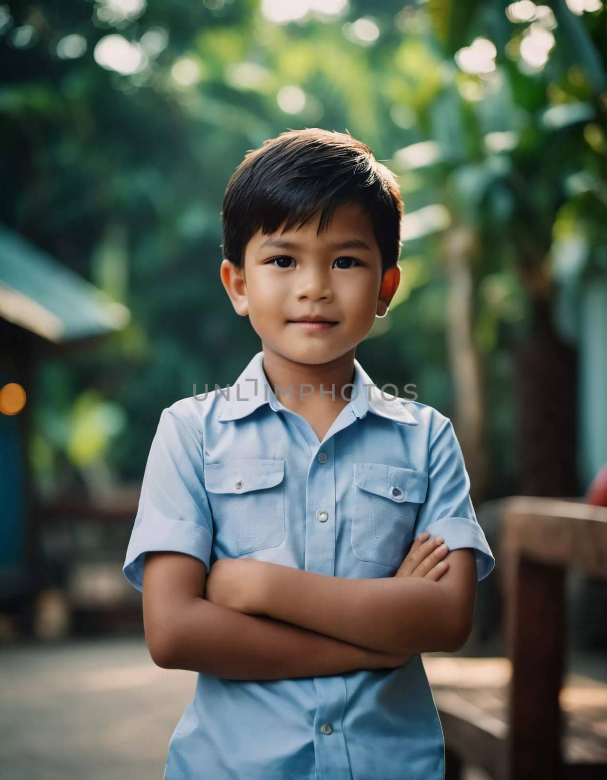 A young boy, around eight years old, stands smiling with arms crossed in a beautiful outdoor setting filled with greenery.