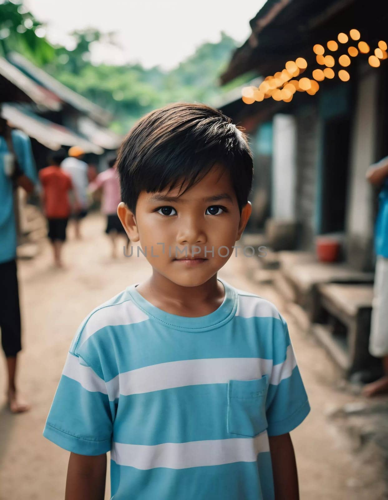 A young boy stands confidently in a blue striped shirt on a village path in Thailand. The background features traditional houses and lush greenery.