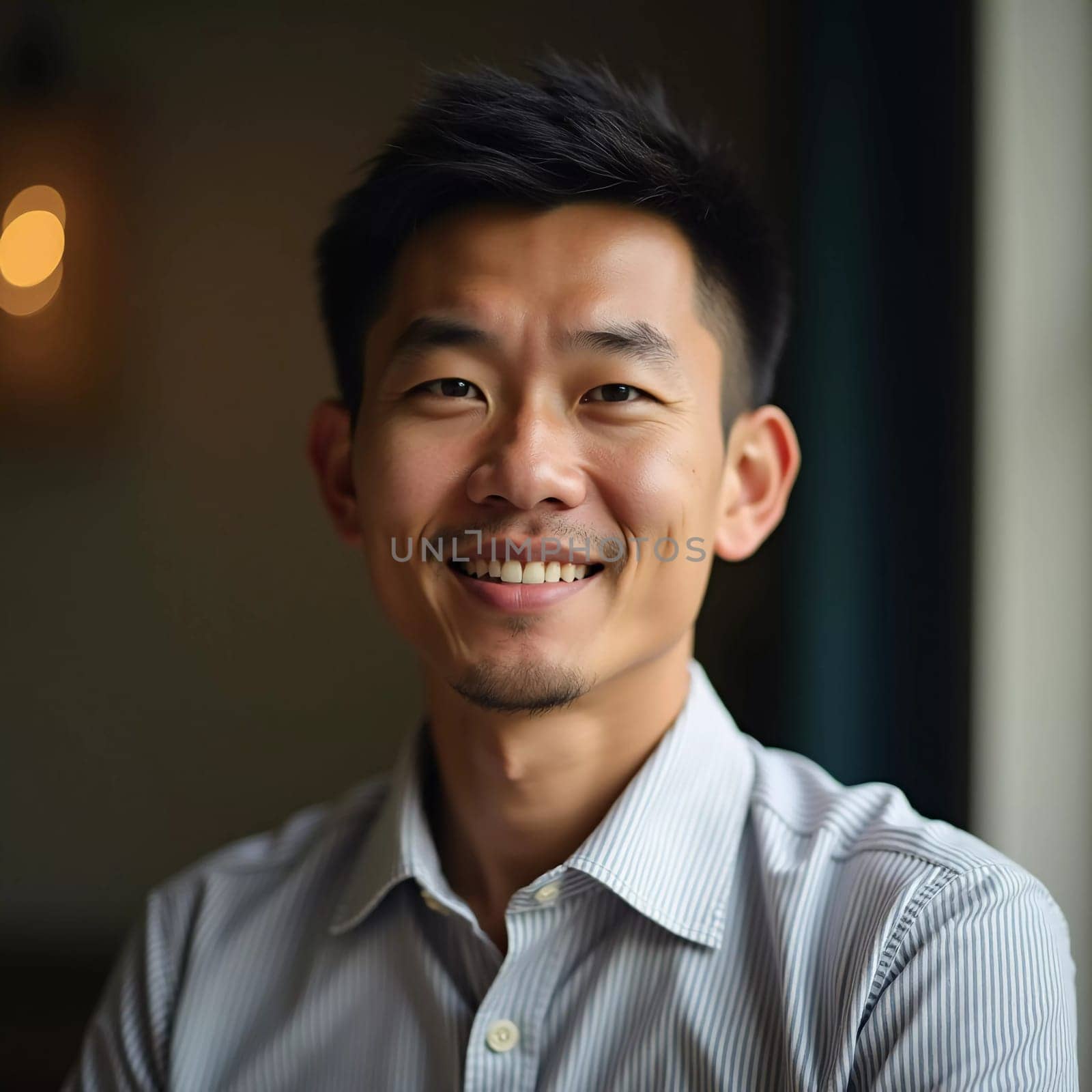 A Thai man in his thirties smiles warmly at the camera, dressed in a collared shirt. The background hints at a cozy indoor environment with soft lighting, suggesting a relaxed mood.