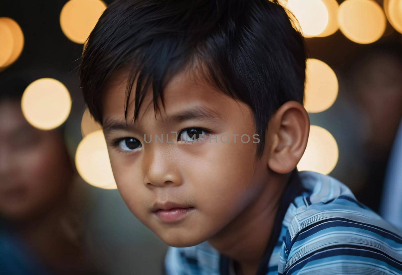 A young boy living in Thailand gazes intently at the camera, surrounded by glowing lights in the background. The setting captures an inviting, warm atmosphere during the evening.