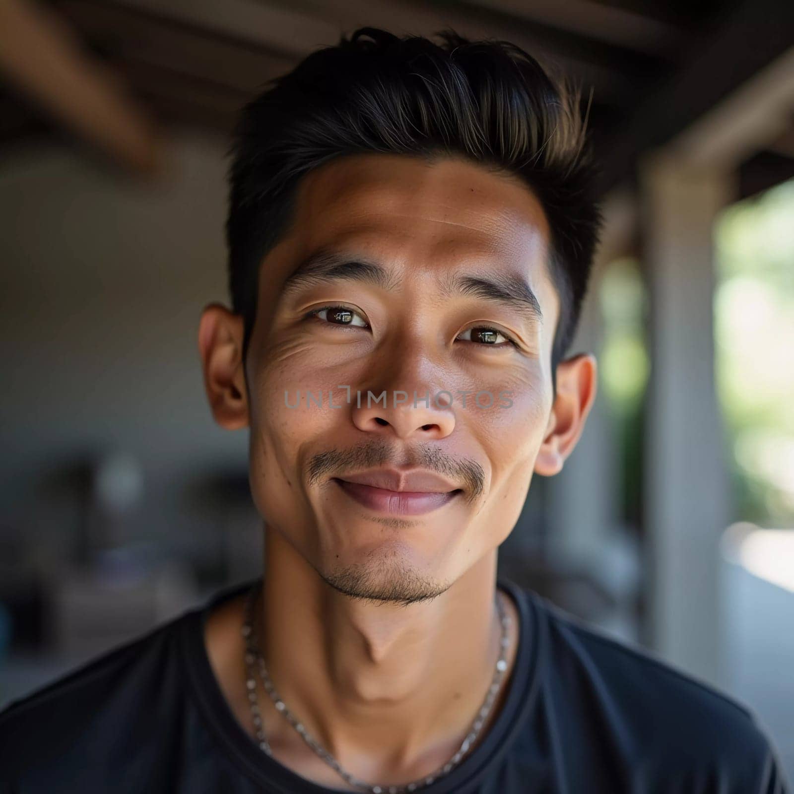A young man in Thailand smiles warmly, showcasing his relaxed demeanor in a contemporary setting with natural light. The atmosphere feels calm and inviting.