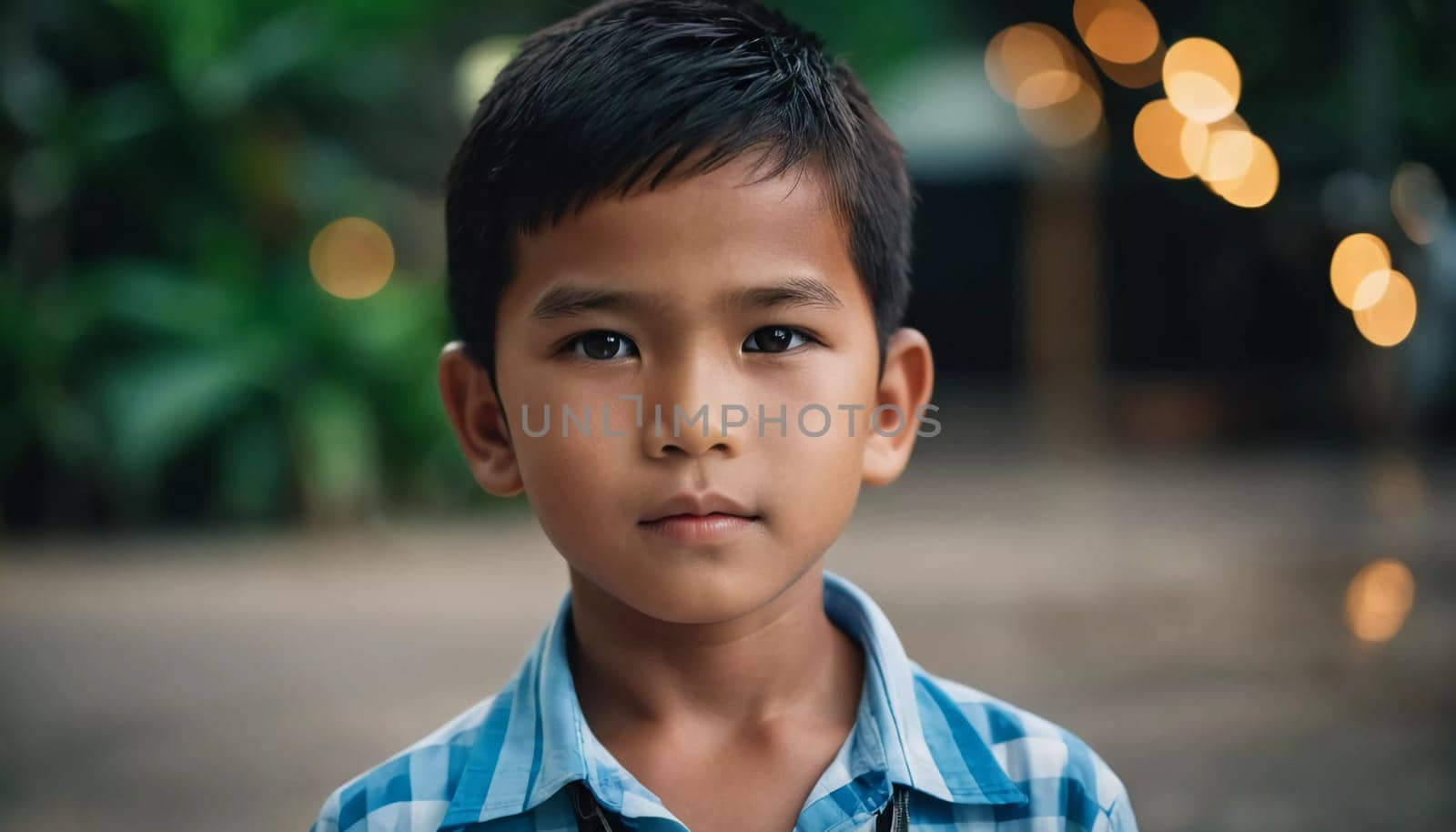 A young boy from Thailand, around six years old, stands confidently outdoors. The background features lush greenery and soft, ambient lighting, creating a warm atmosphere.
