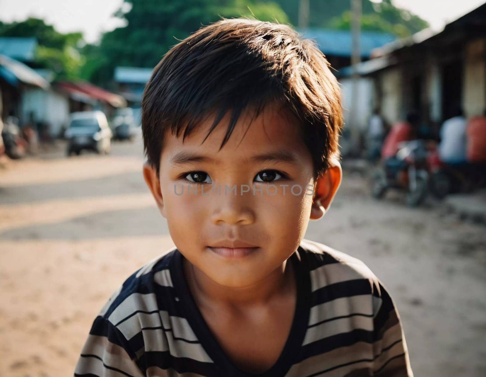 A Thai boy stands confidently in his neighborhood, sporting a striped shirt. The sun shines brightly, creating a warm atmosphere and capturing the essence of childhood joy in his surroundings.