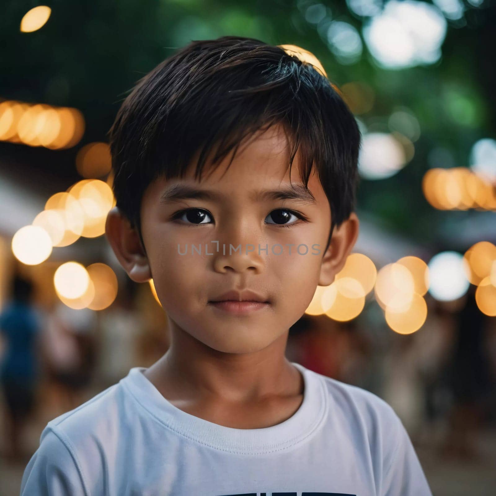 A boy around eight years old poses quietly in a lively outdoor location in Thailand.