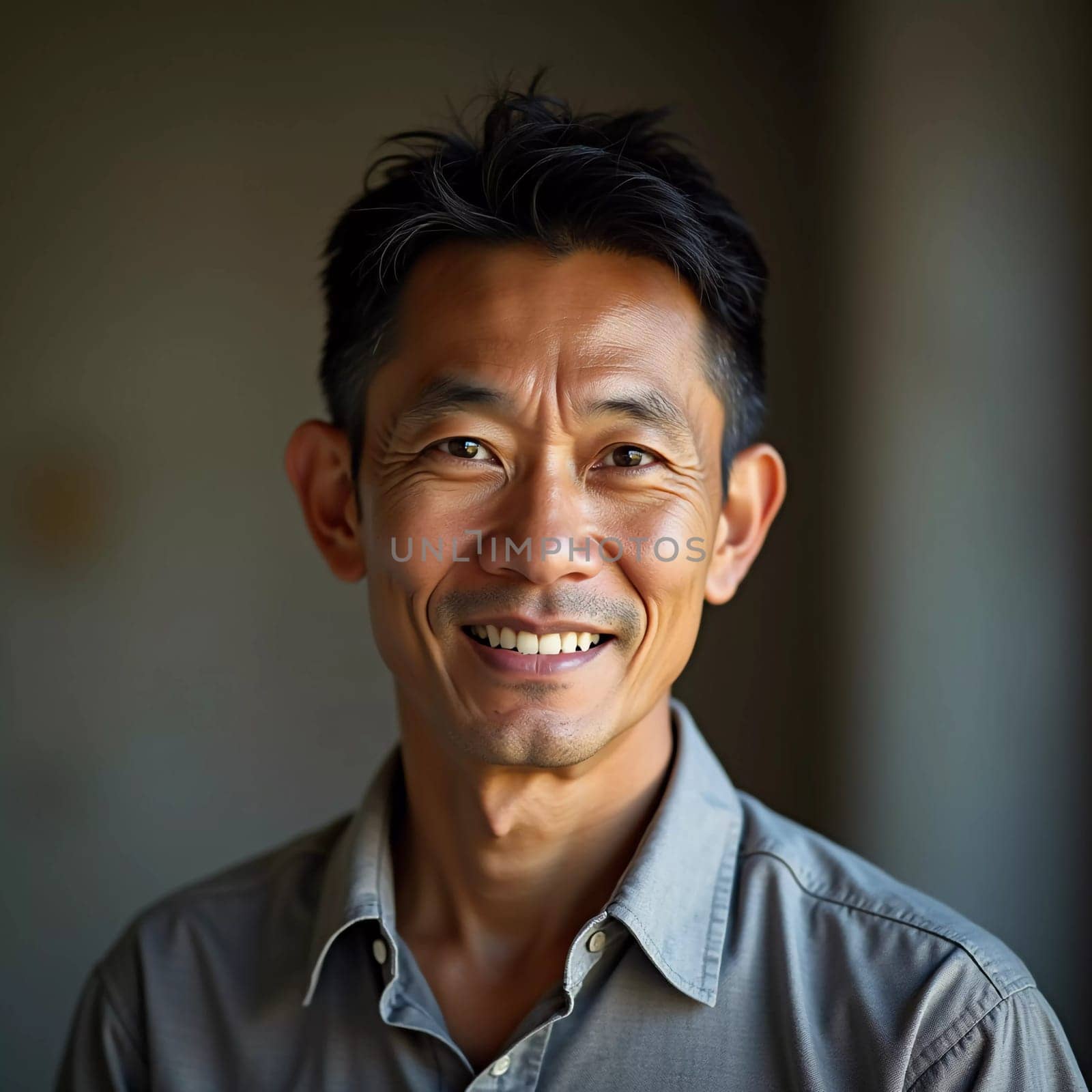 A man residing in Thailand shows a friendly smile while posing for a portrait. Natural light highlights his features, creating an inviting atmosphere.