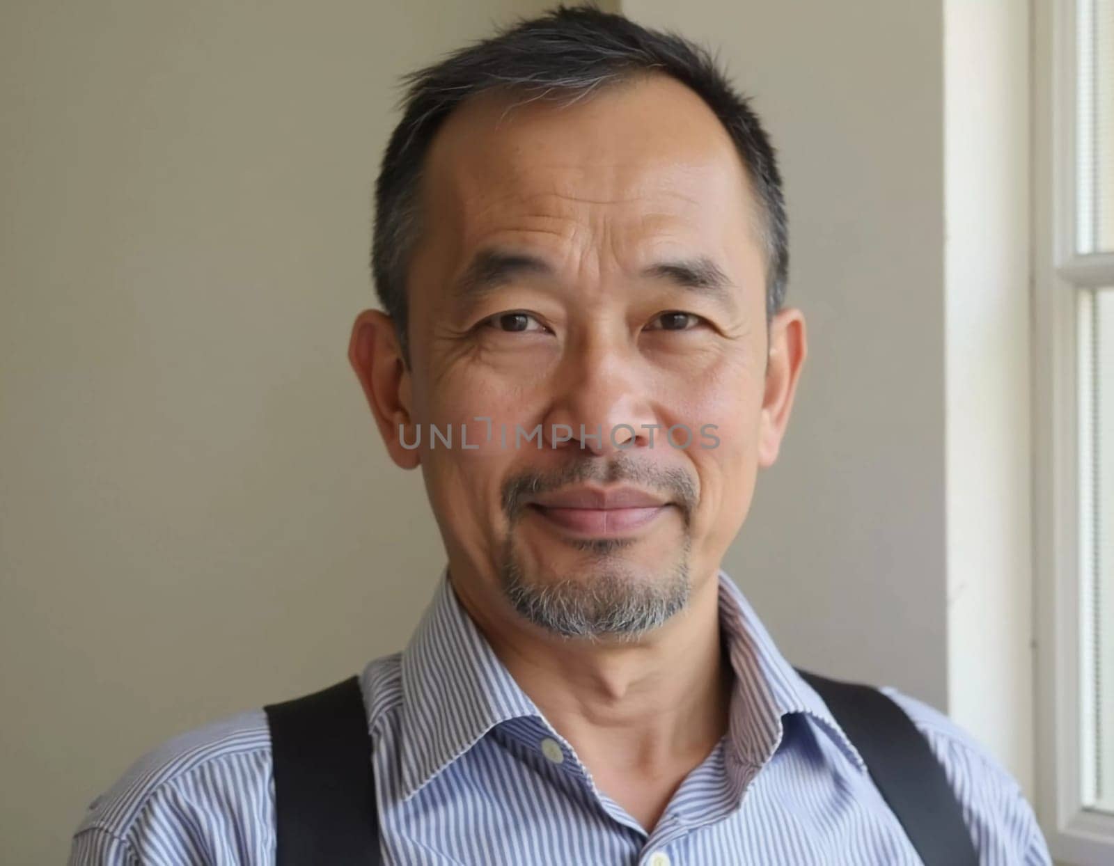 A mature male resident of Thailand stands indoors, smiling warmly while dressed in a collared shirt. Soft natural light streams through the window, creating a welcoming atmosphere.