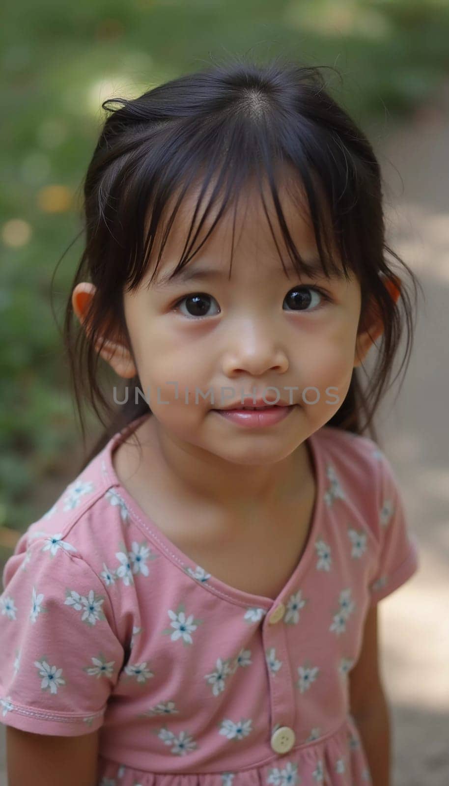 A cheerful young girl stands outdoors in a lush green garden in Thailand, wearing a pink floral dress. She gazes directly at the viewer, exuding joy and innocence.