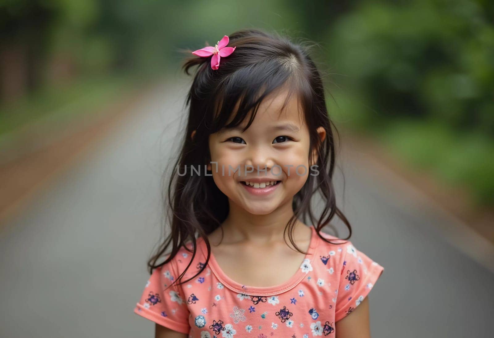 A young girl in Thailand, wearing a pink shirt with floral patterns, happily walks along a peaceful road lined with greenery. Her bright smile and butterfly hair clip add charm to the scene.