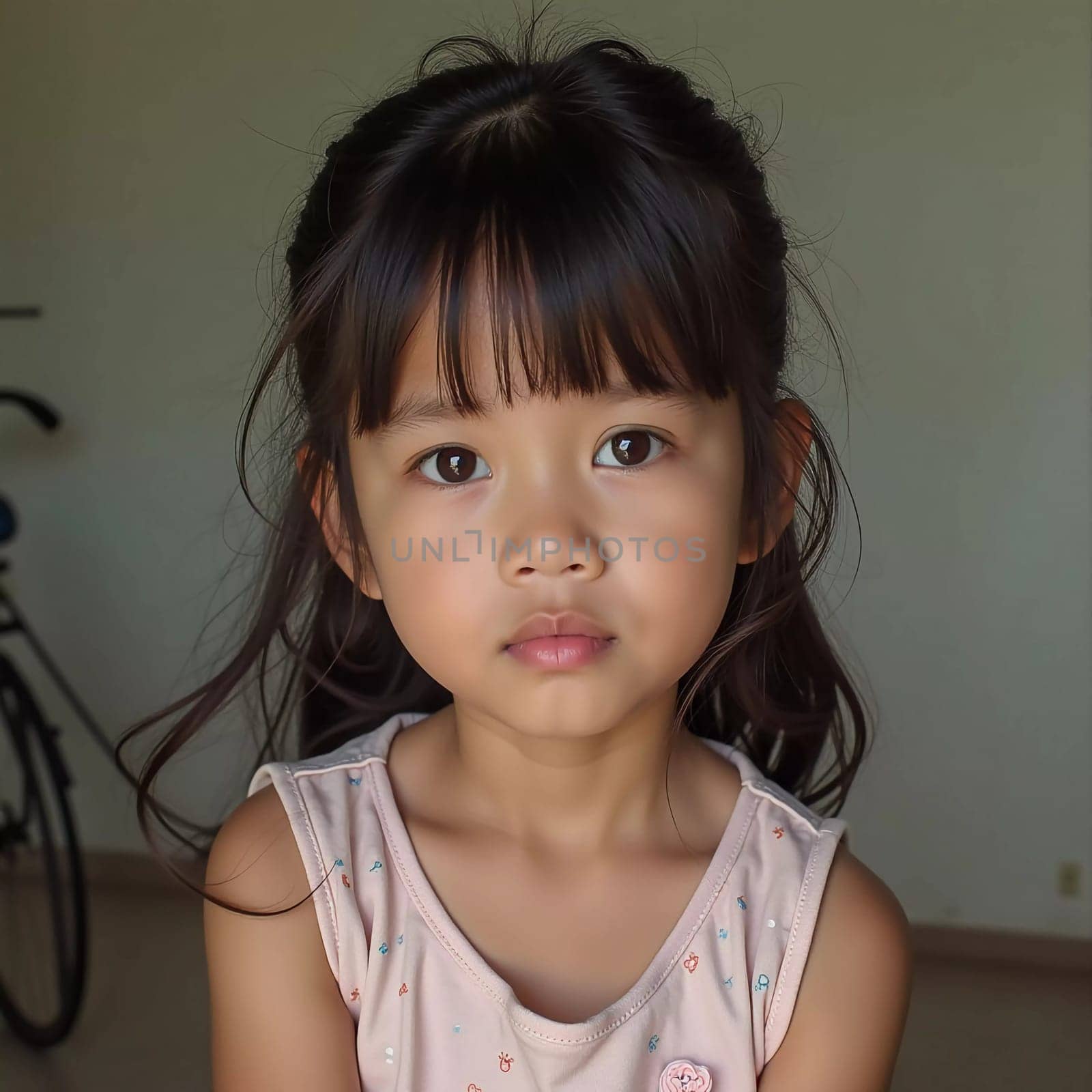 A young girl residing in Thailand with long black hair gazes directly at the viewer. She wears a light-colored top and has a serious expression on her face.