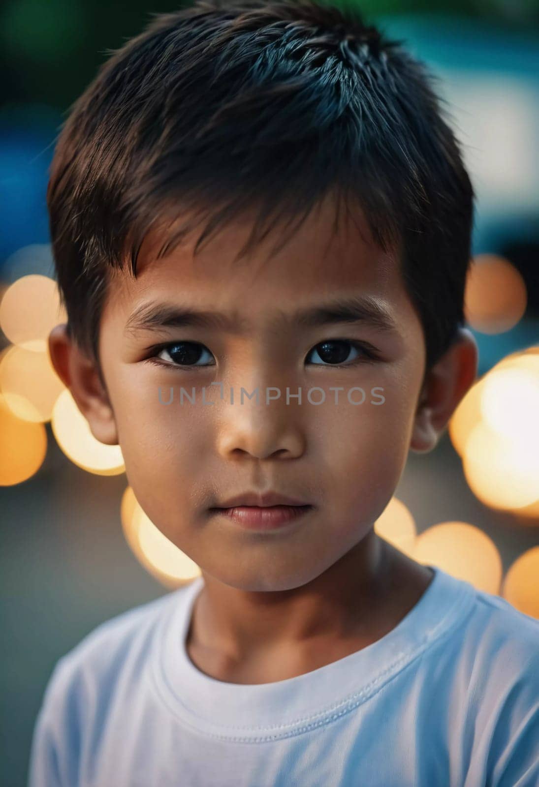 A young boy from Thailand stands confidently, wearing a white t-shirt. His serious expression contrasts with the warm, blurred lights in the background, indicating an evening event.