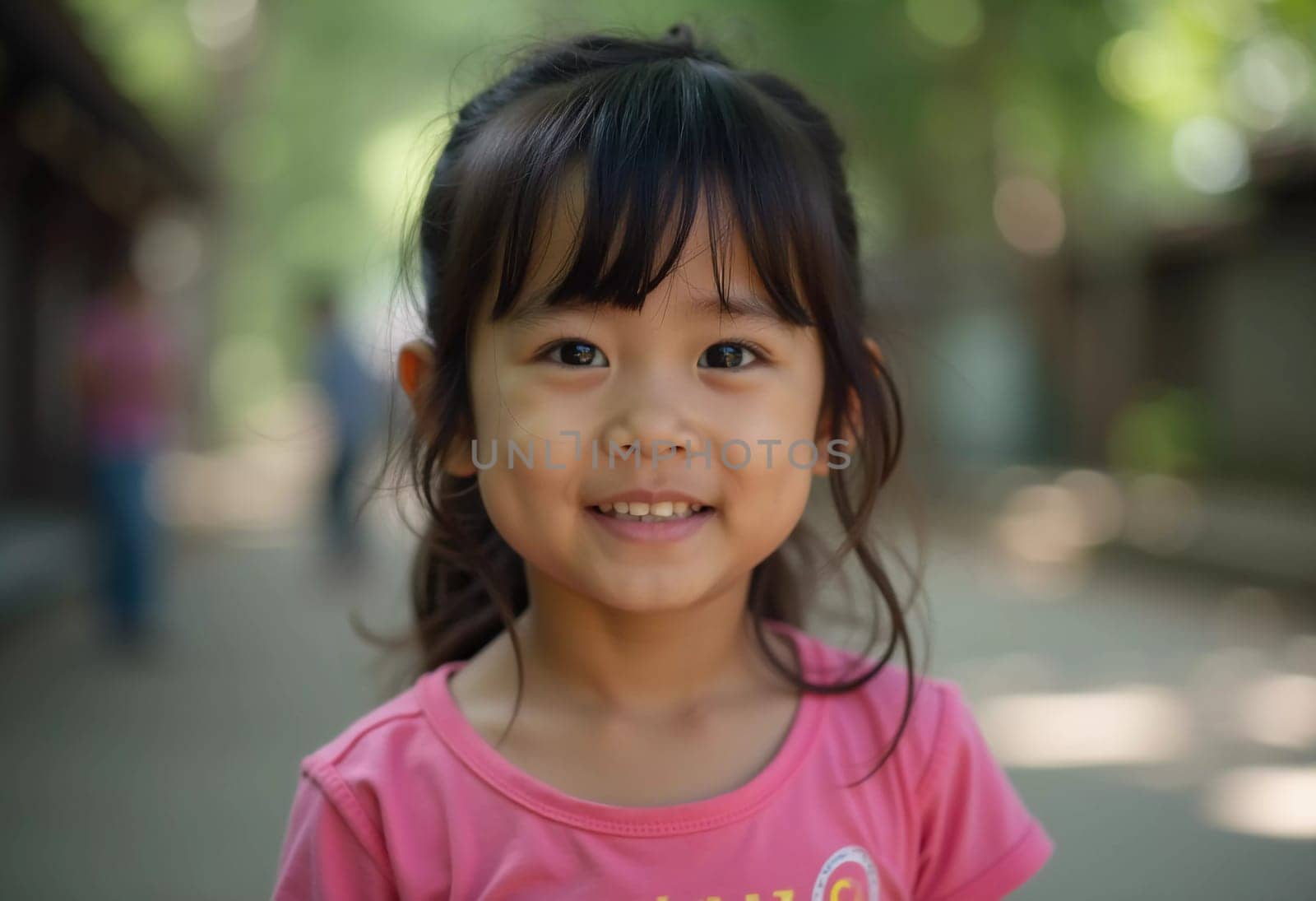 A young girl, approximately four years old, is smiling brightly in a vibrant pink shirt. She stands in a tranquil outdoor area with greenery, enjoying a sunny afternoon.