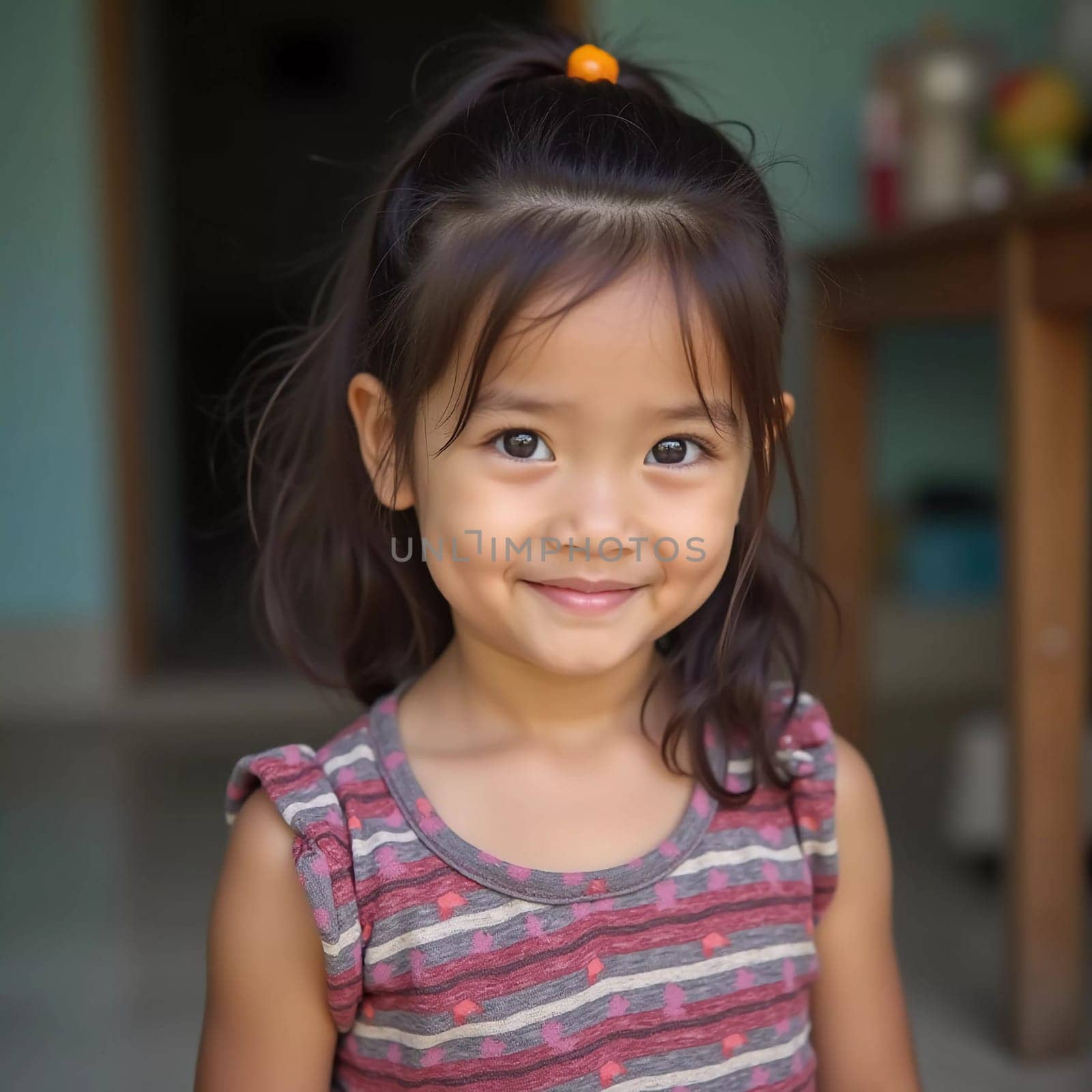 A joyful girl stands in her home in Thailand, showcasing her bright smile and playful demeanor. Her cheerful attitude reflects a warm and lively atmosphere.