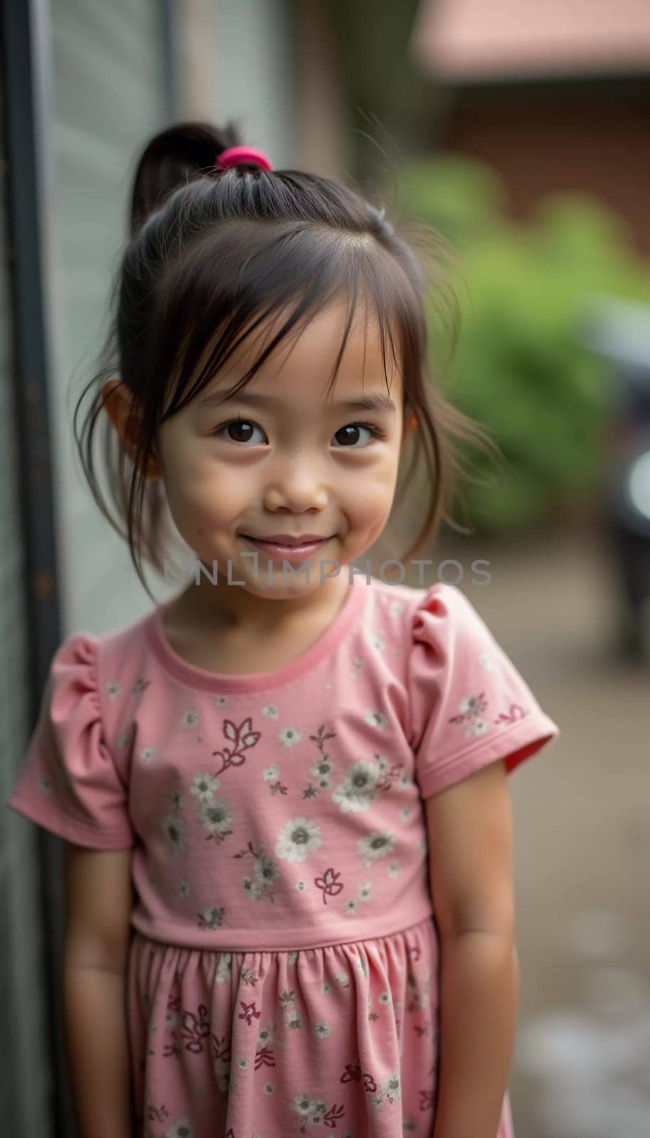 A young girl wearing a pink floral dress stands outdoors in Thailand, smiling brightly. Her playful demeanor radiates joy against a backdrop of lush greenery on a sunny day.