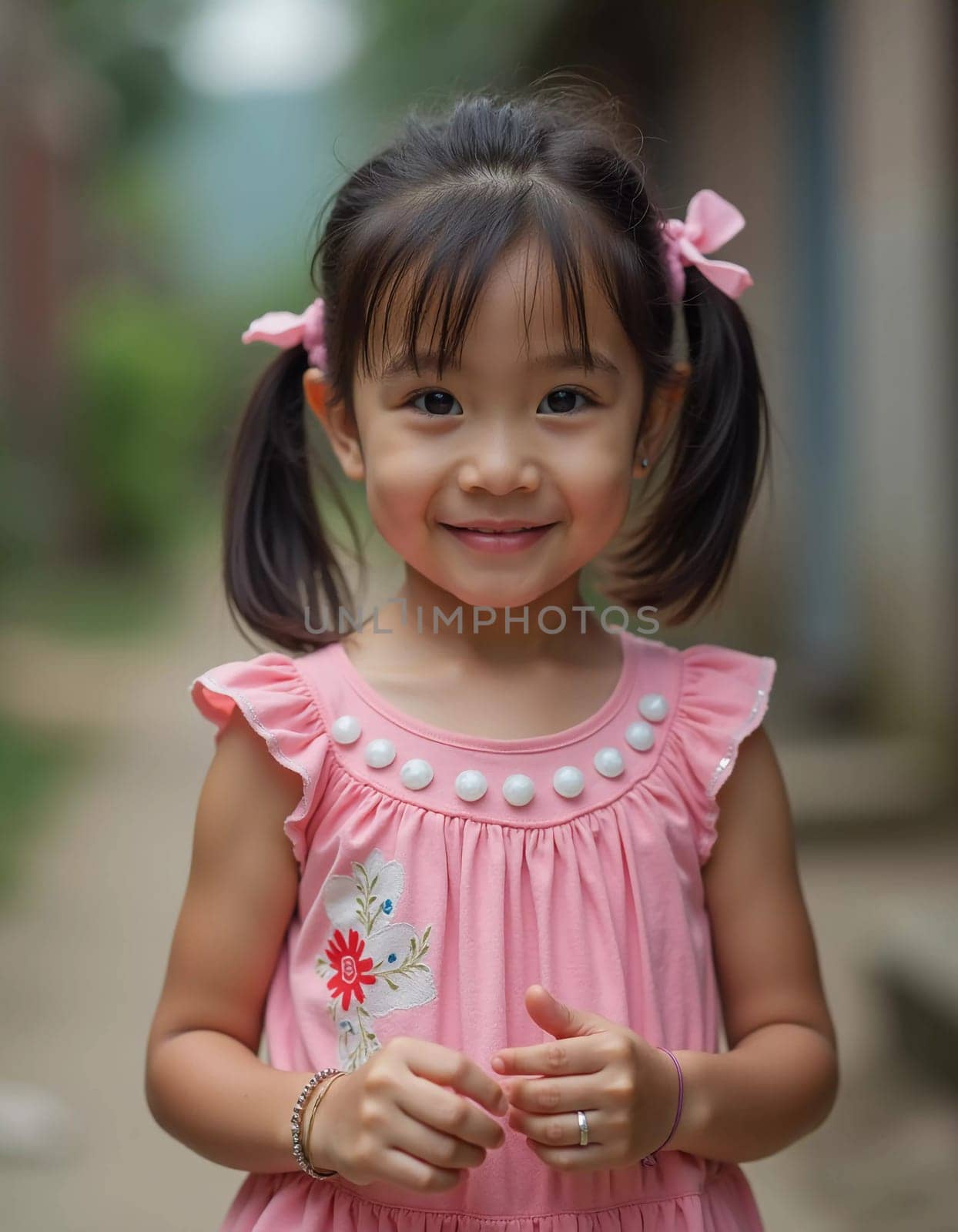 A cheerful girl with pigtails stands in a pathway surrounded by greenery in Thailand. She is wearing a pink dress with embellishments and is smiling happily, embodying the essence of childhood joy.