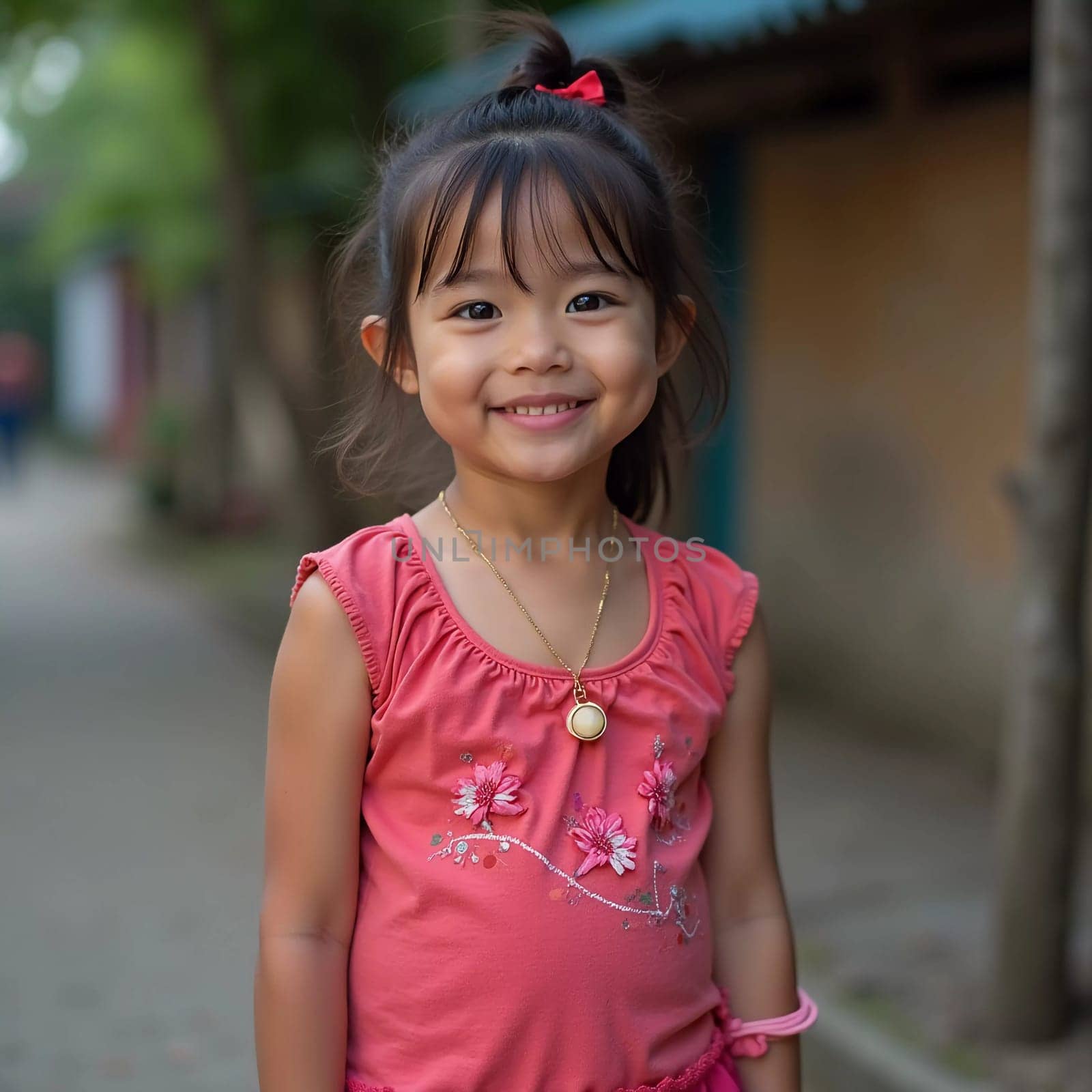 A cheerful girl in Thailand stands confidently in her village, radiating joy with a broad smile.
