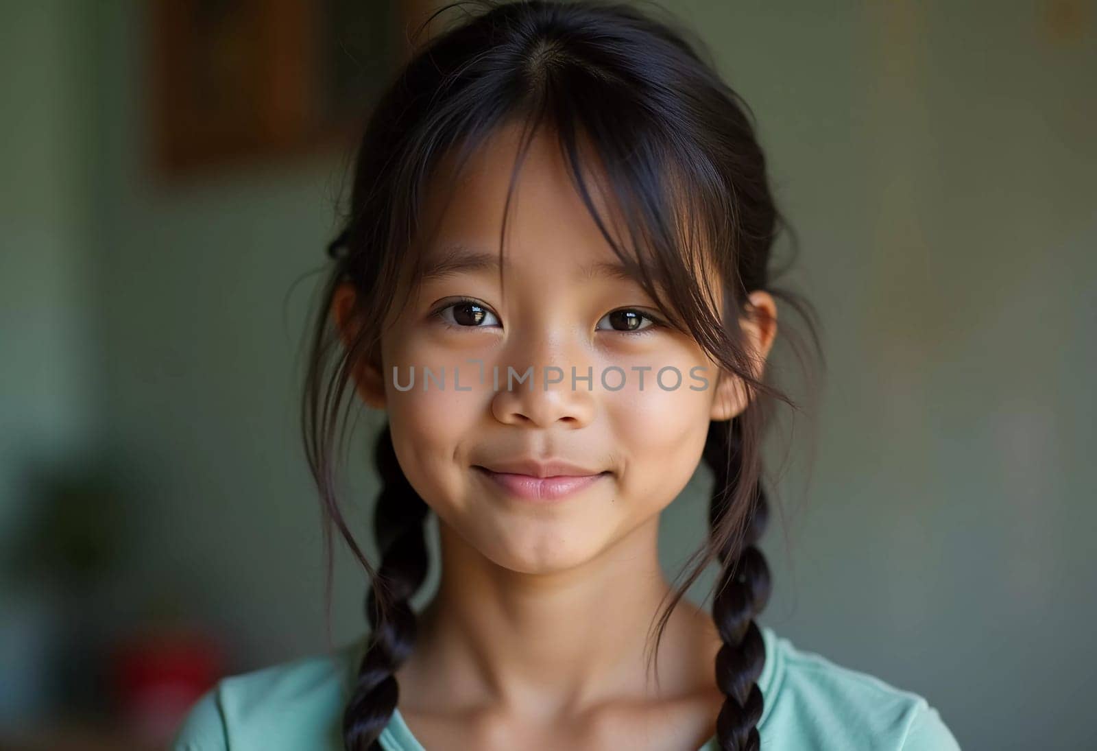 A young girl from Thailand with braided hair stands in a warm and inviting indoor space, showcasing a bright smile that reflects her cheerful personality.