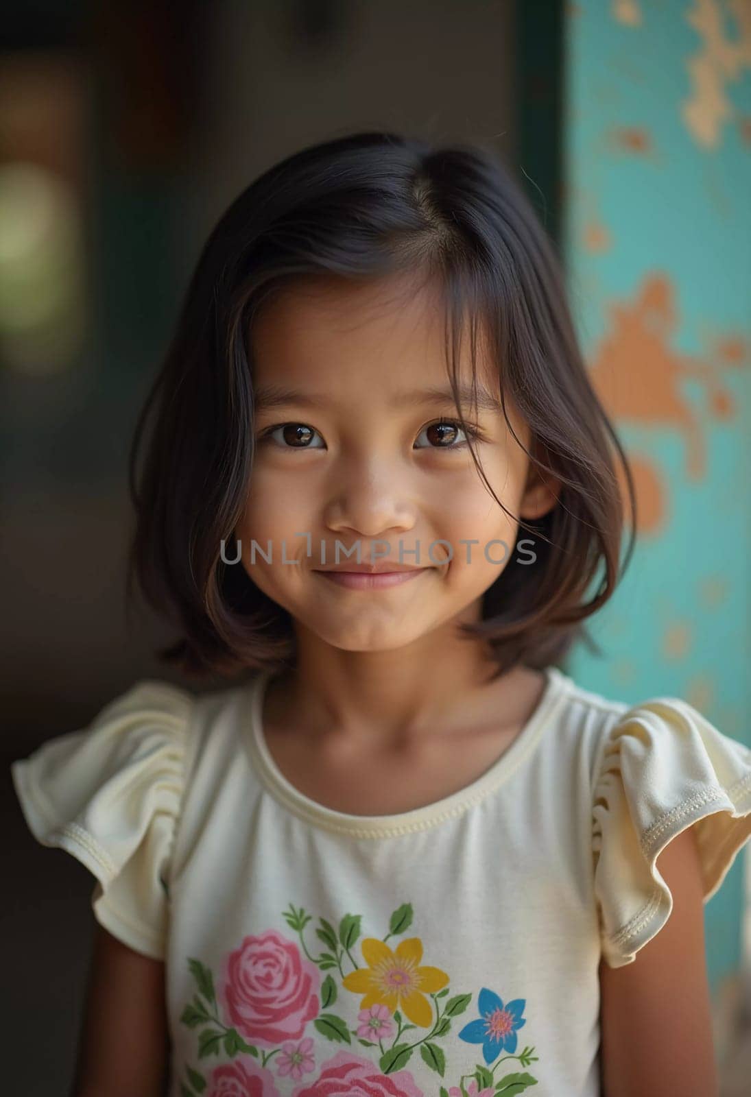 A young girl, residing in Thailand, wears a floral shirt and smiles brightly. Sunlight streams through the open door, highlighting her cheerful expression and playful spirit.