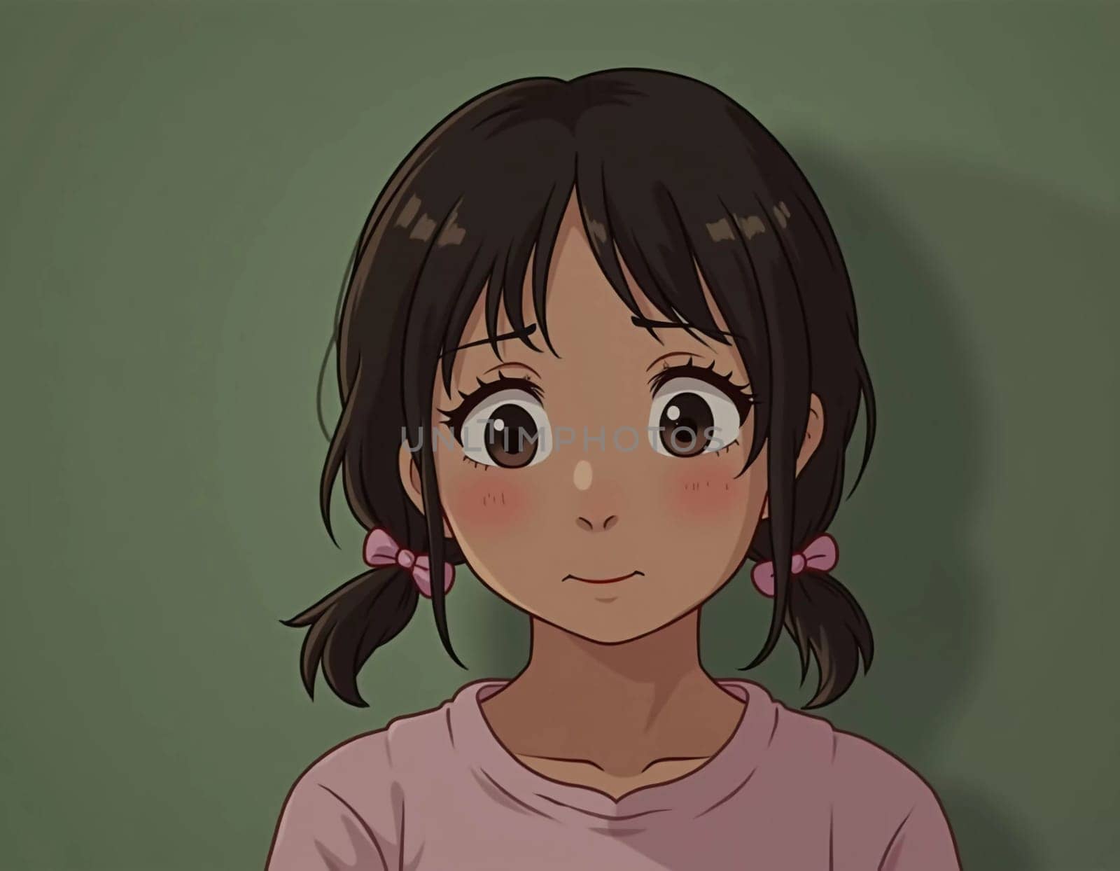A resident girl from Thailand, with dark hair styled in pigtails, looks intently with wide eyes. The setting features green walls, emphasizing her innocent curiosity and youthful charm.