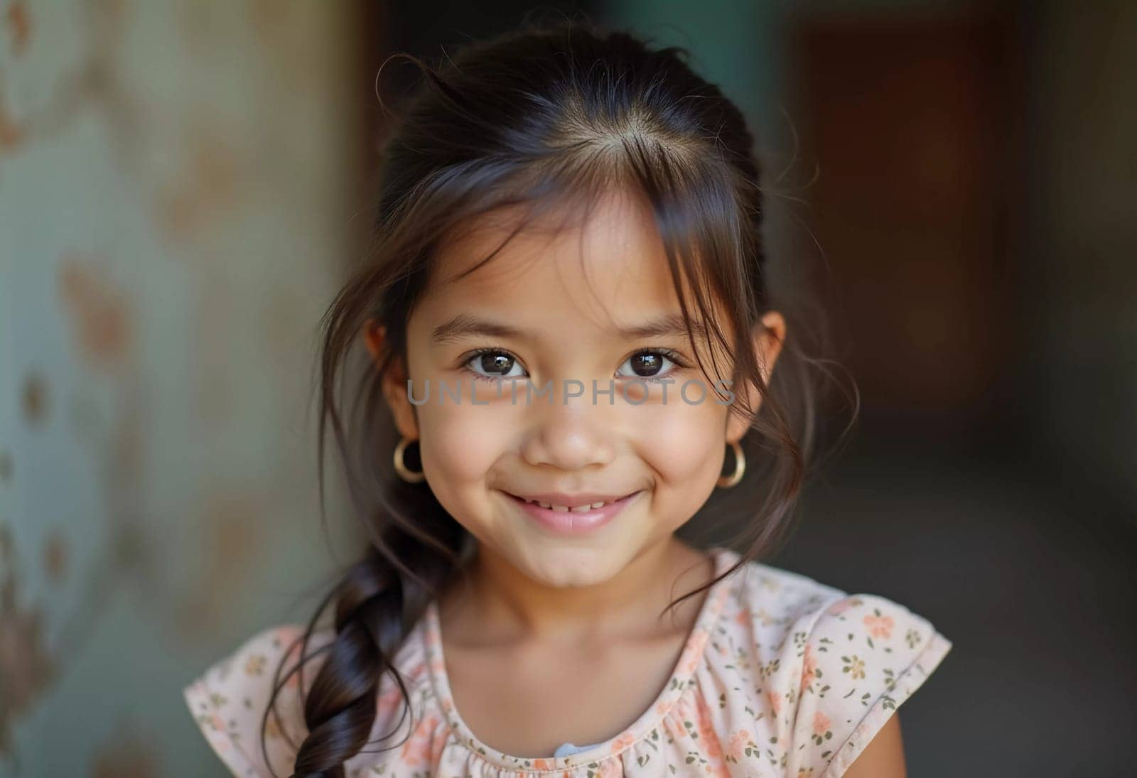 A young girl in Thailand beams with delight, showing her excitement and joy. Her braided hair and floral outfit enhance her warm smile, capturing a playful moment in her day.