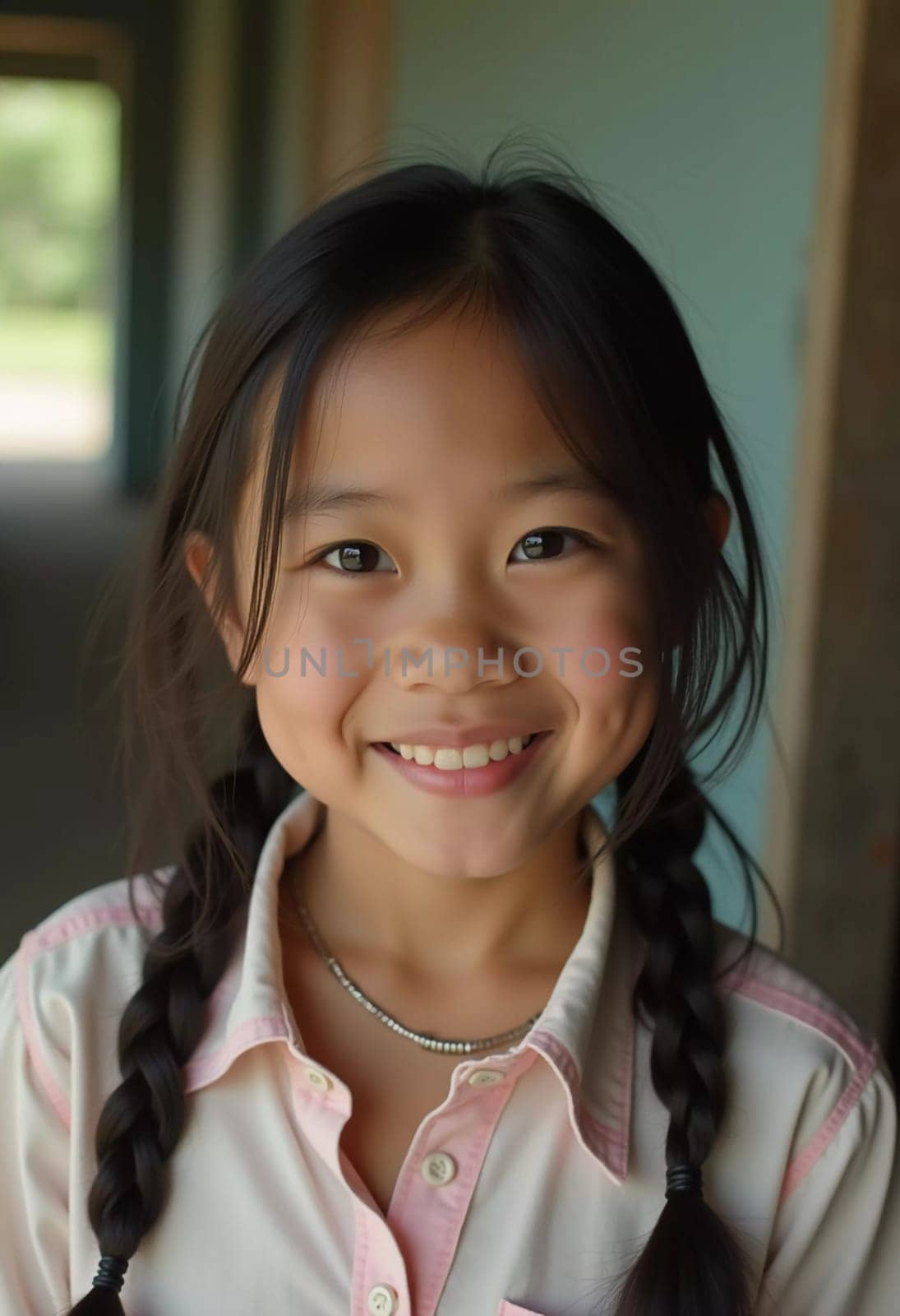 A cheerful girl with braided hair stands in a rustic setting in Thailand, smiling brightly. Sunlight illuminates her joyful expression as she enjoys the moment.