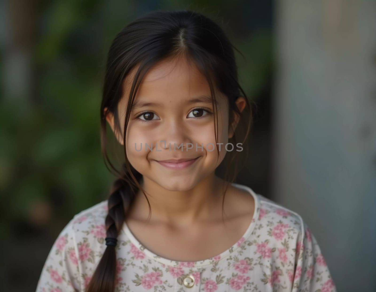 A cheerful girl from Thailand poses with a bright smile while standing in a lush green garden. The sunlight highlights her striking features, creating a joyful atmosphere.