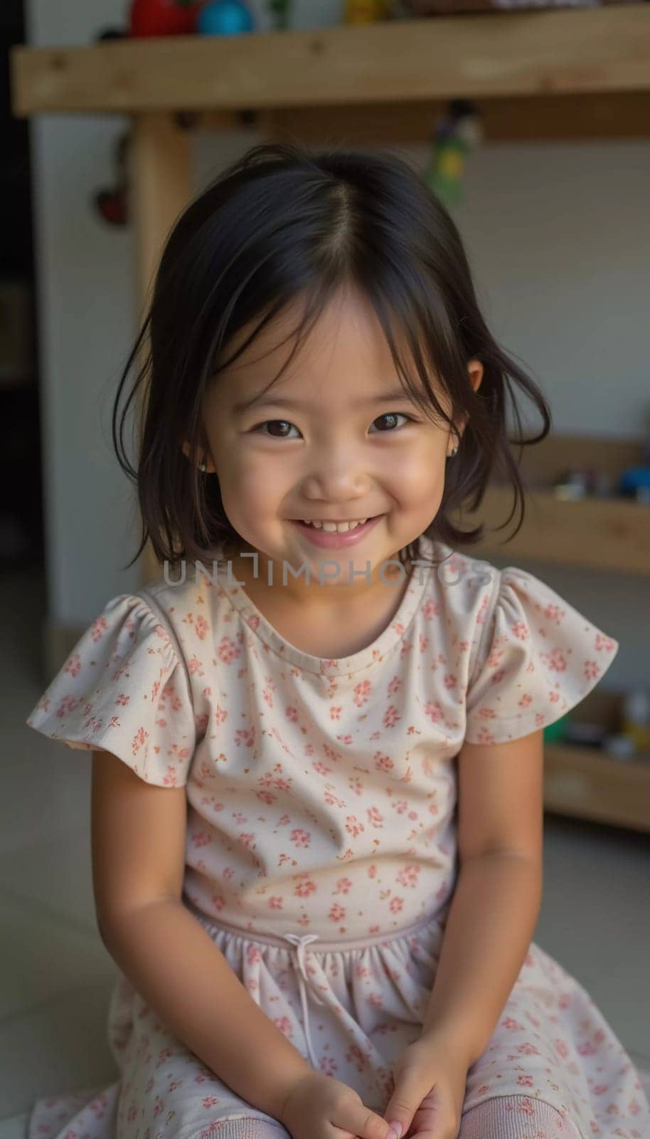 A cheerful girl, approximately five years old, sits at home with a bright smile. Surrounded by toys, she radiates joy during a sunny afternoon in Thailand.