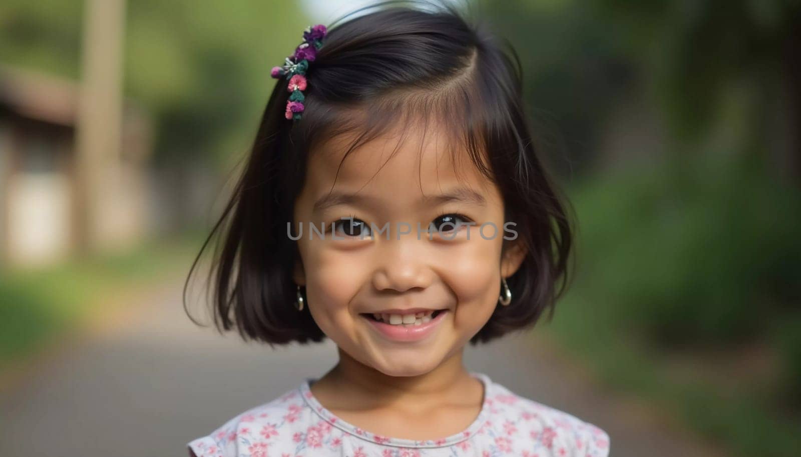 A cheerful girl from Thailand, around five years old, smiles while walking along a peaceful path surrounded by greenery. She wears a floral dress and enjoys the beautiful outdoor atmosphere.
