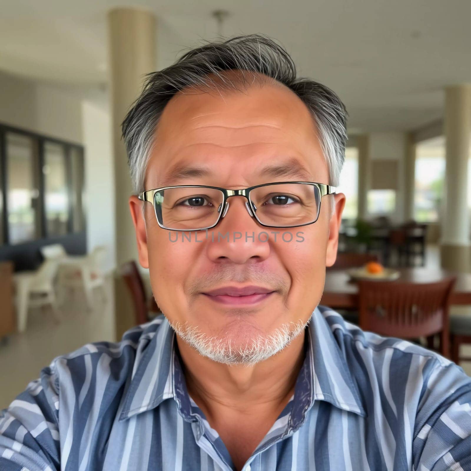 A middle-aged man with glasses smiles warmly while sitting indoors at a contemporary café. The setting features bright lighting and stylish furniture, creating a welcoming atmosphere.