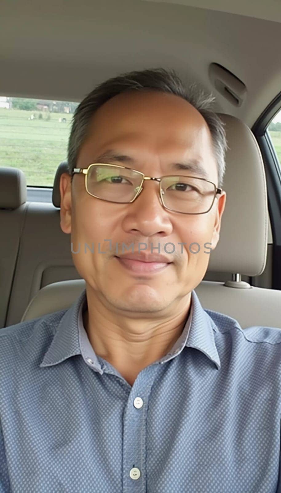 A man living in Thailand is smiling while seated in the driver's seat of a car. The bright sunlight illuminates his face, and the rural landscape is visible in the background.