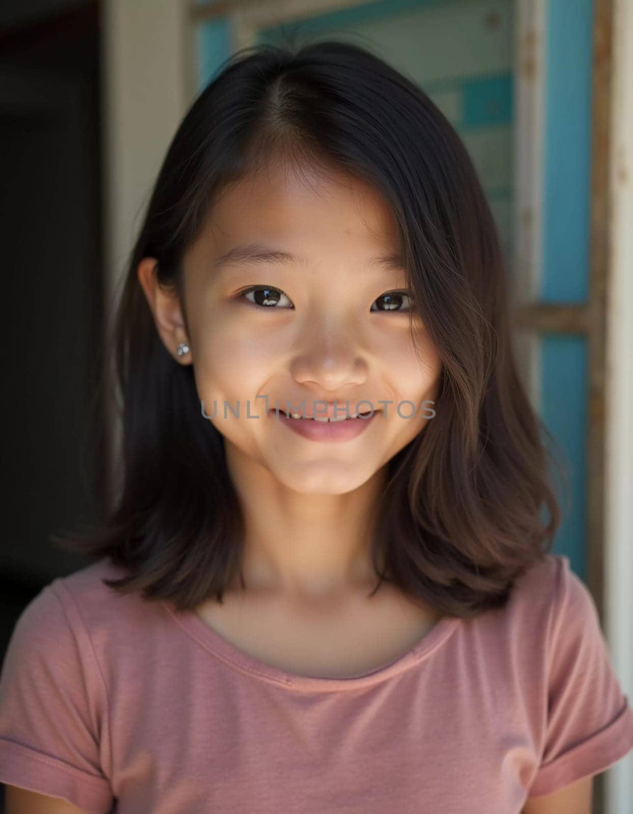 A young girl residing in Thailand beams a cheerful smile while standing in the doorway of her home. Her joyful expression and relaxed posture capture the warmth of childhood in a vibrant setting.
