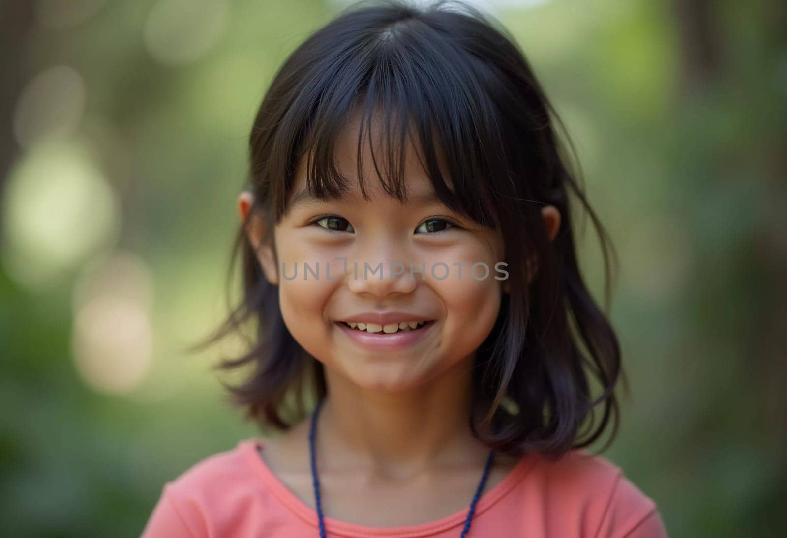 A young girl from Thailand beams with joy, surrounded by lush greenery on a sunny day. Her cheerful expression captures the happiness of her carefree childhood in the outdoors.