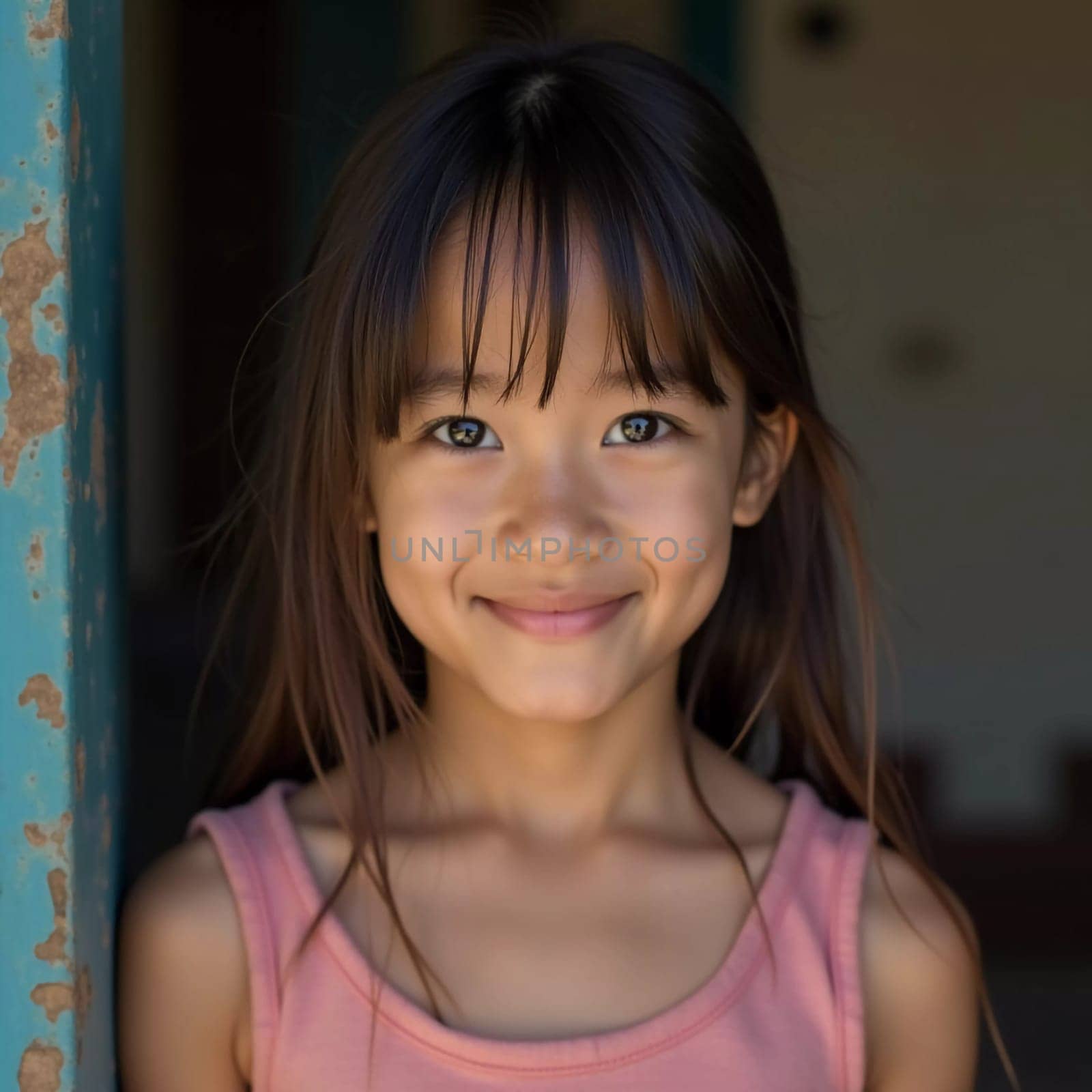 A young girl stands in a doorway, smiling brightly. Her hair falls softly around her face, and she wears a simple pink top. The atmosphere feels warm and inviting, typical of Thailand.