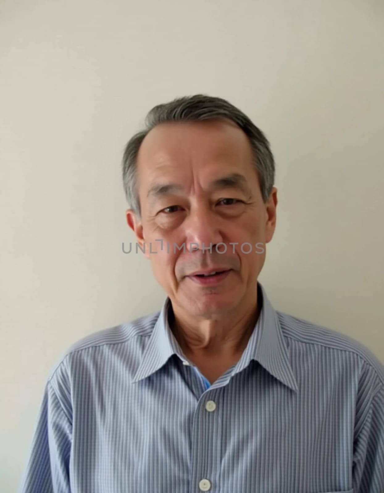 A senior male resident of Thailand stands against a plain wall, wearing a light blue striped shirt. He has a friendly smile that conveys warmth and approachability, emphasizing his positive presence.