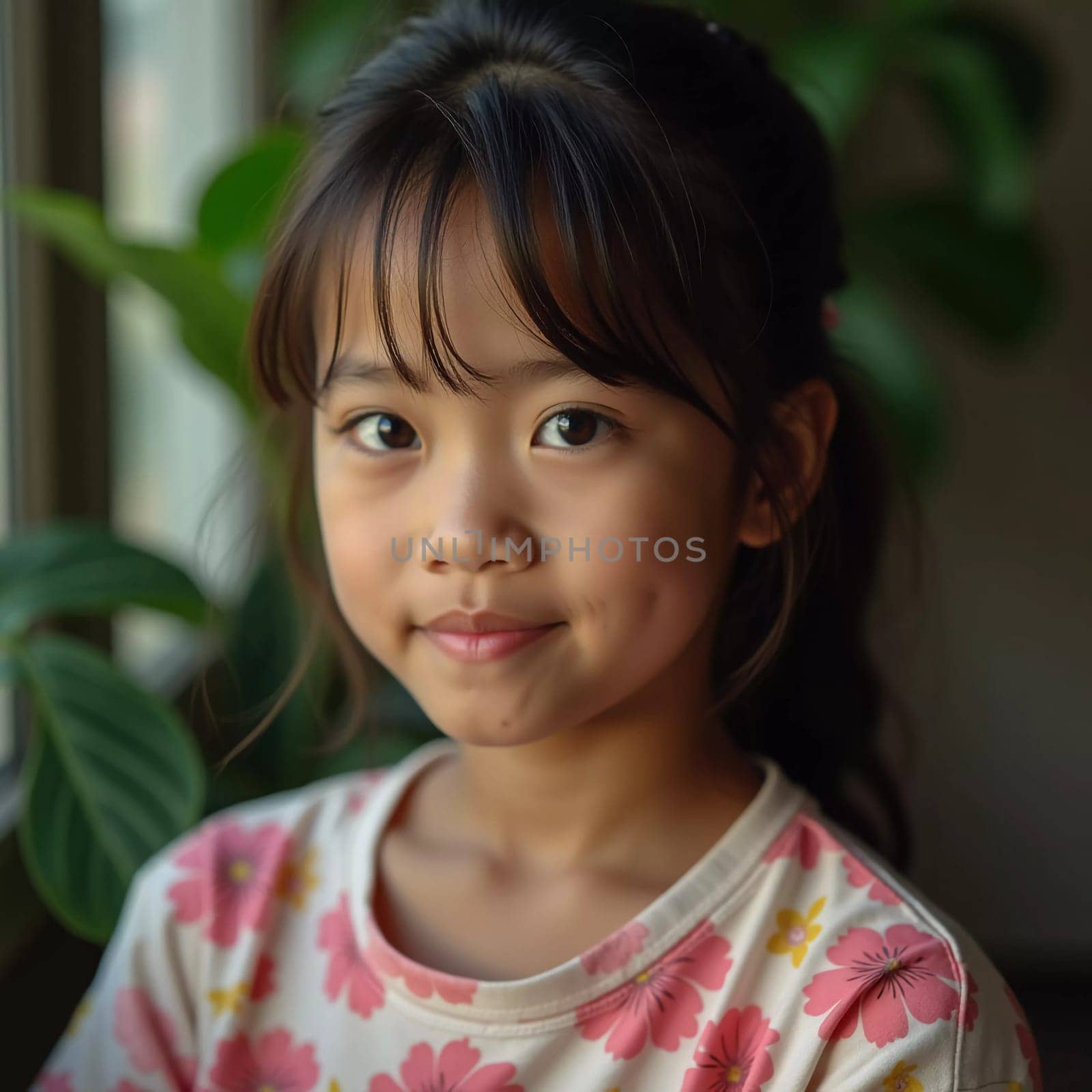 A young girl in Thailand, around seven years old, smiles gently while sitting by a bright window.