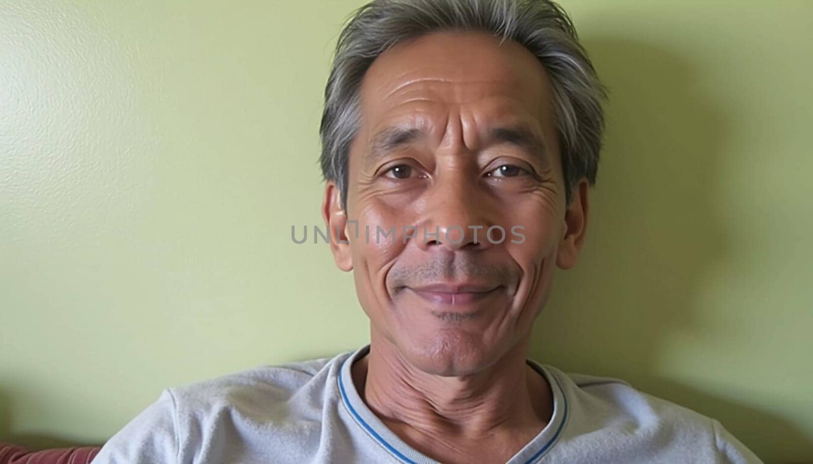 A cheerful male resident of Thailand enjoys a moment of relaxation indoors. His friendly expression and relaxed posture create a welcoming ambiance filled with comfort and tranquility.