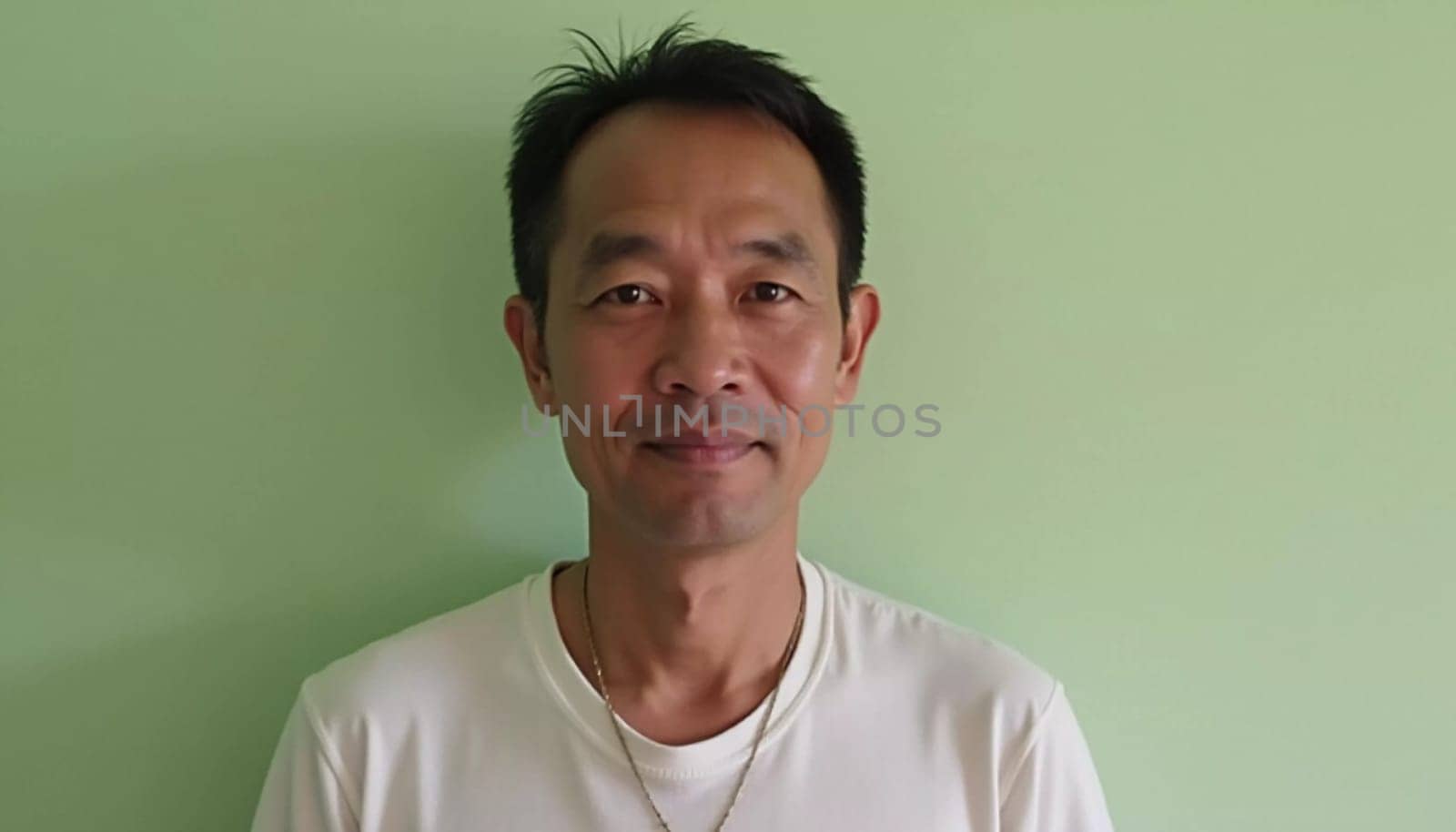 A male resident of Thailand stands confidently against a plain green backdrop, wearing a simple T-shirt and displaying a calm demeanor. His smile reflects a sense of ease and warmth.