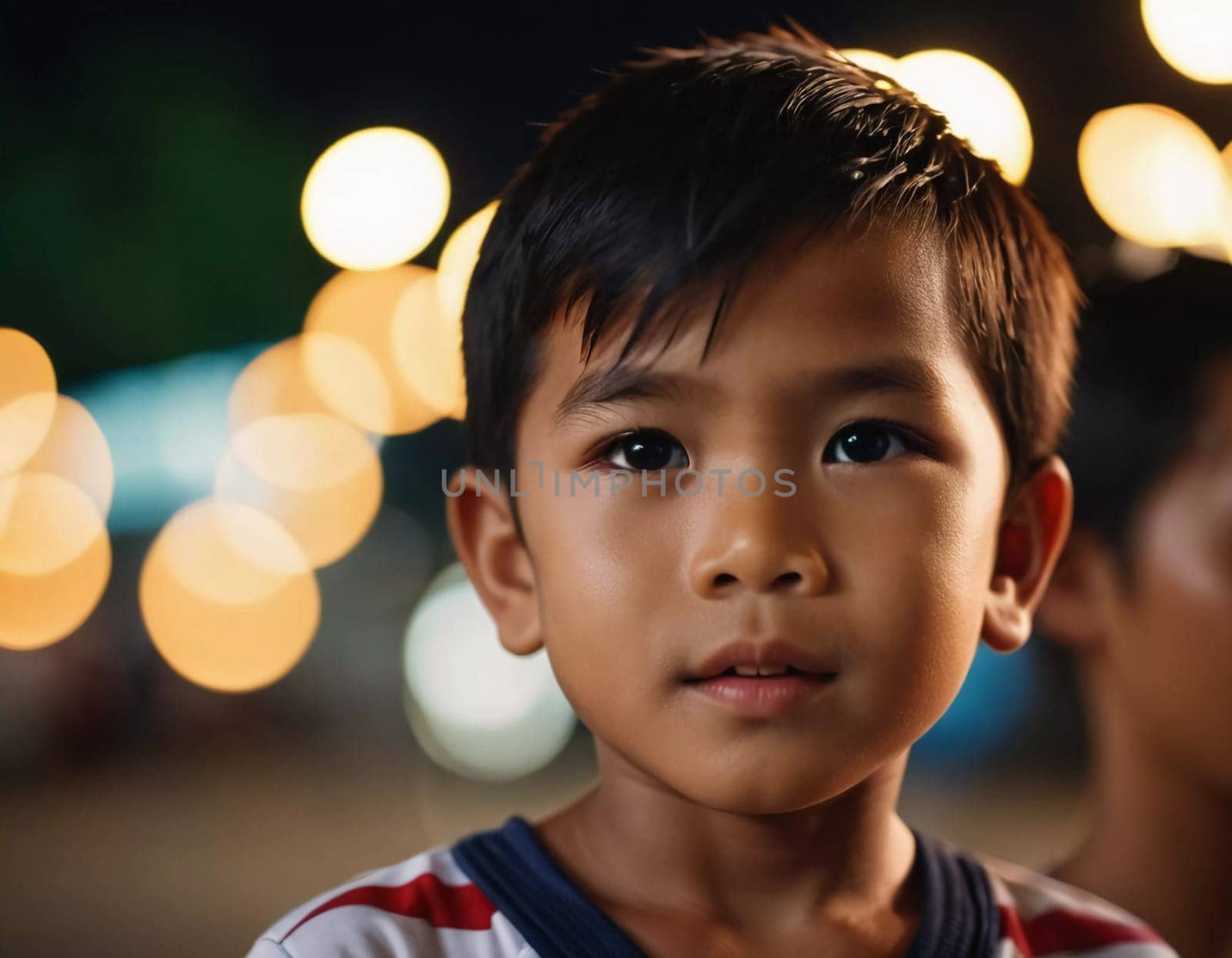 The boy stands in the foreground, looking thoughtfully at the camera. The vibrant festival atmosphere surrounds him, with colorful lights twinkling in the background.