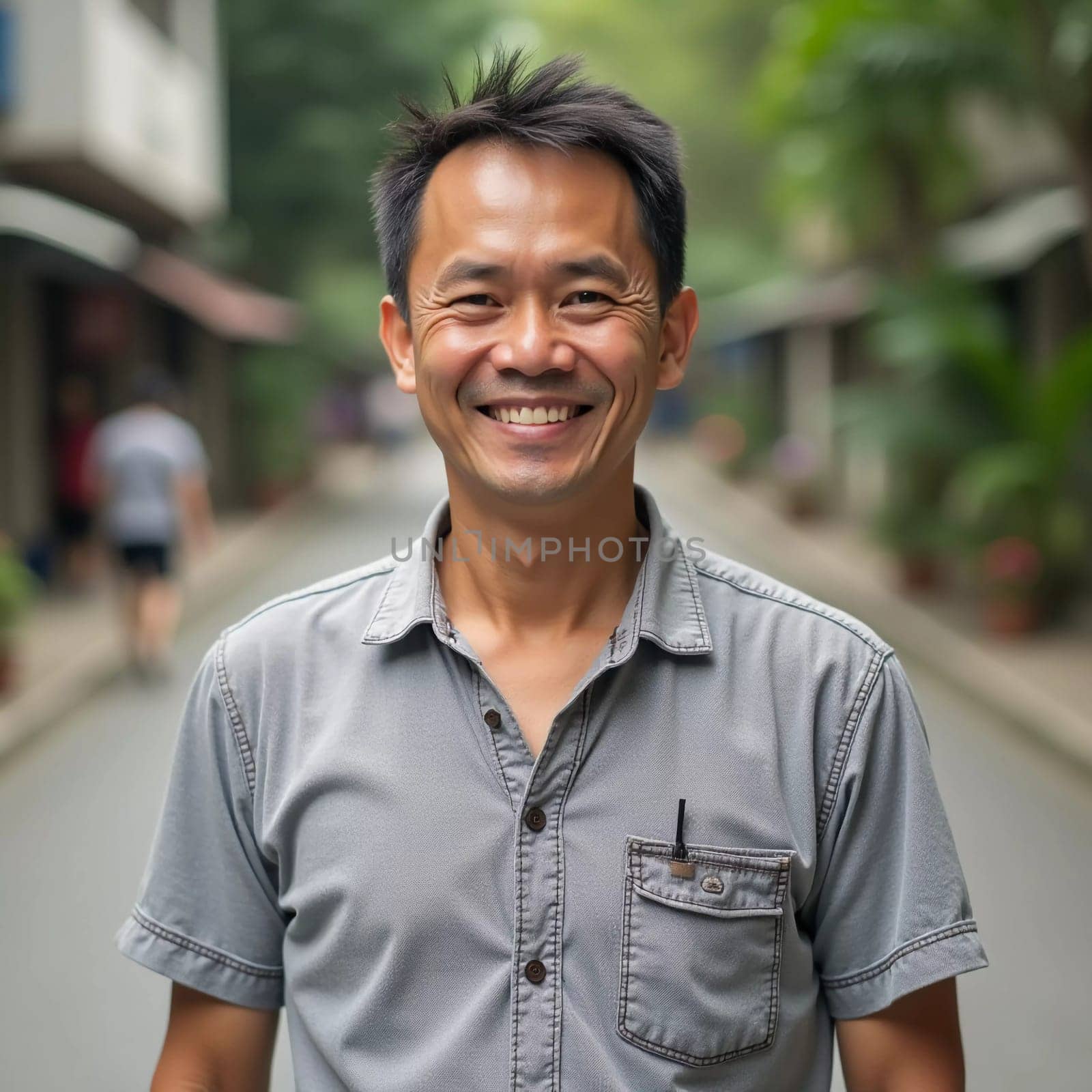 A male resident of Thailand stands joyfully in the middle of a tranquil street, surrounded by greenery and buildings, reflecting local culture and daily life.