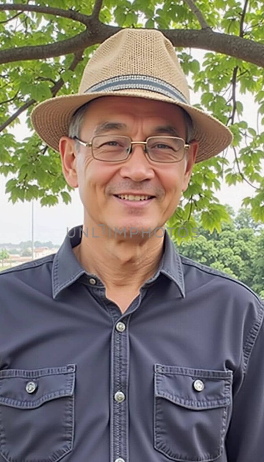 A male resident of Thailand stands outdoors, wearing a straw hat and glasses, smiling warmly at the camera amidst greenery. It appears to be a sunny day, highlighting his relaxed demeanor.