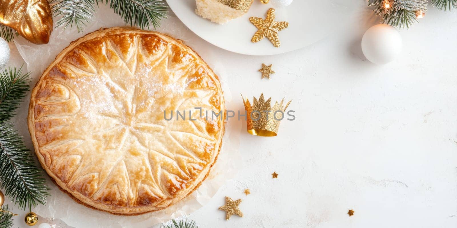 Three kings holiday festive cake topped with golden paper crown on a table, background, AI generated