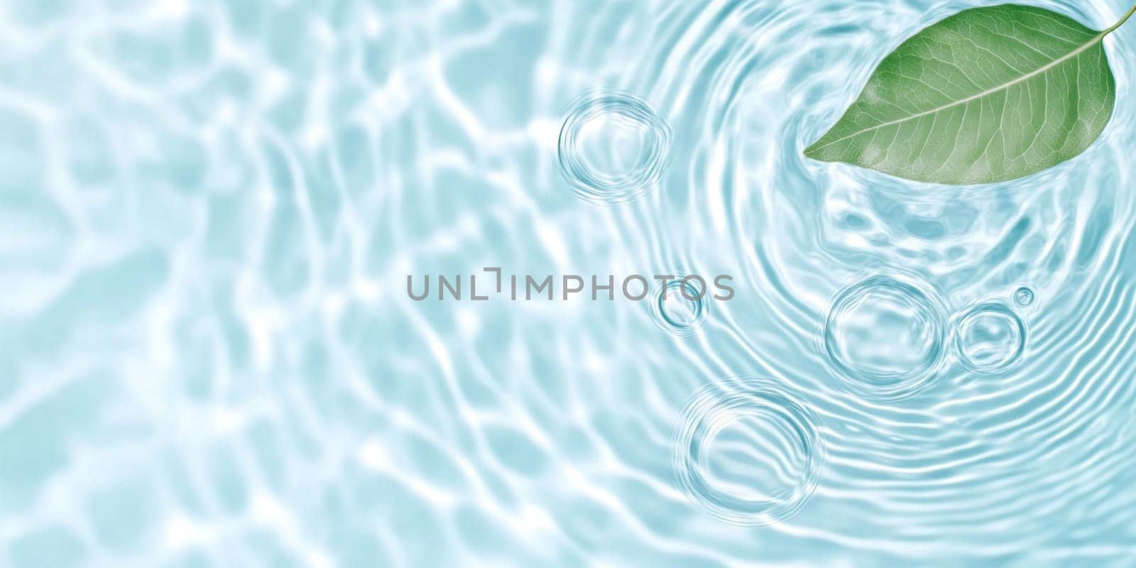 A green leaf floating on water showing ripples and bubbles, suitable as SPA background, AI generated