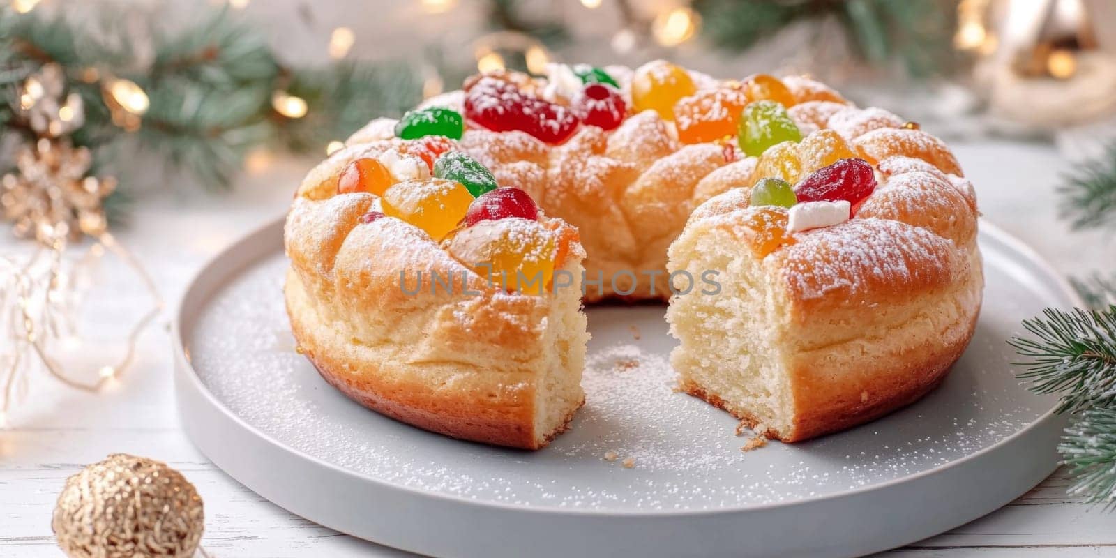 Three kings holiday festive fruitcake topped with colorful candied fruits on a table, background, AI generated