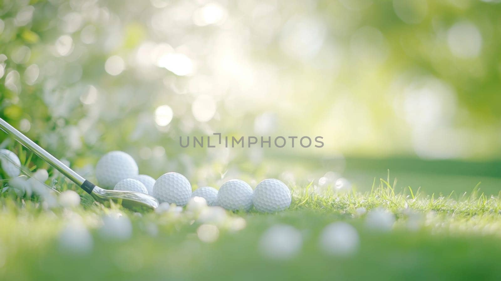 Golf ball on lush green grass, copy space for sports backgrounds, AI generated