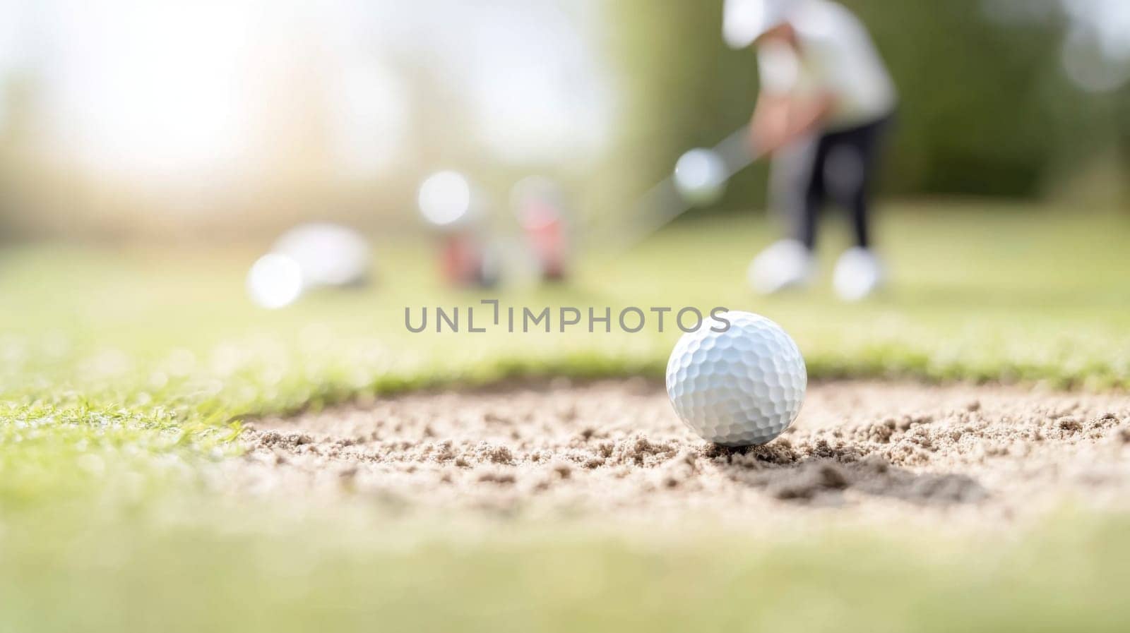 Golf ball in motion on lush green course during sunny day, action concept, AI generated