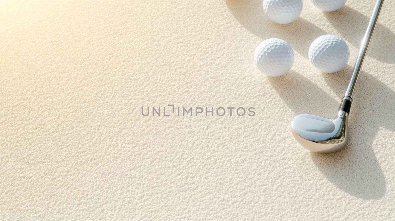 Golf club and two golf balls casting shadows on white surface, background, AI generated