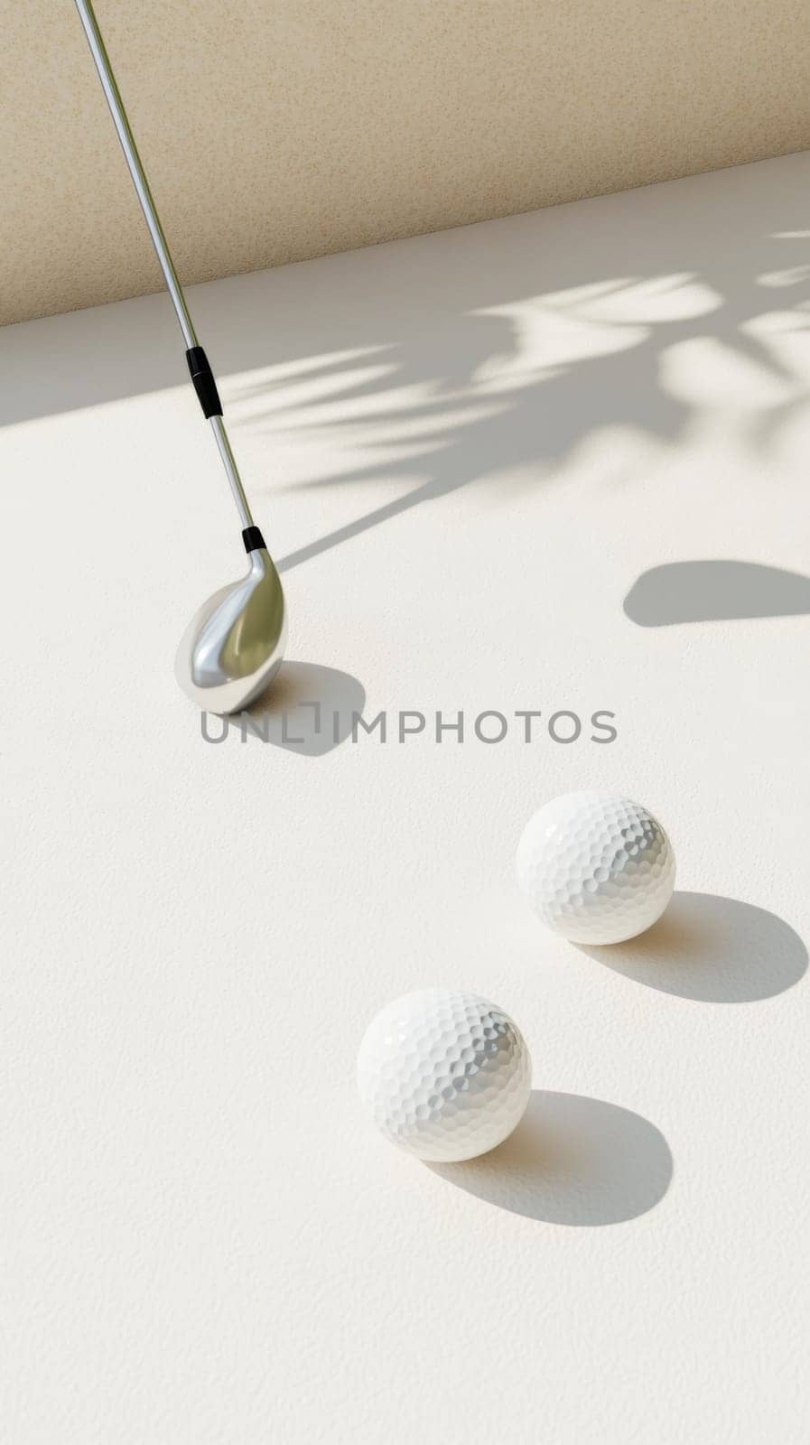 Golf club and two golf balls casting shadows on white surface, background, AI generated