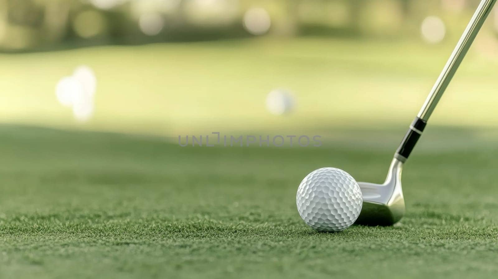 Golf ball on lush green grass, copy space for sports backgrounds, AI generated