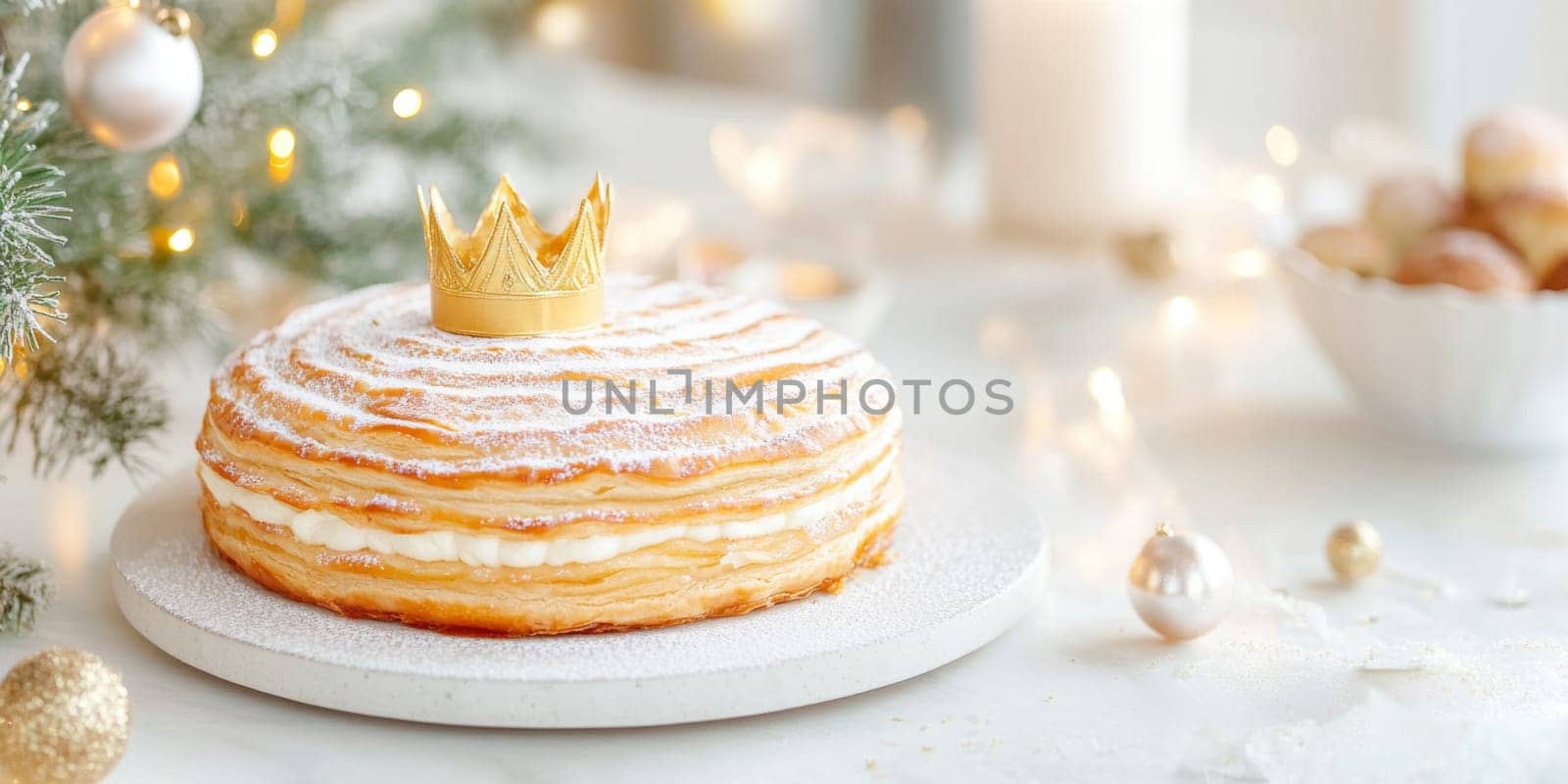 Three kings holiday festive cake topped with golden paper crown on a table, background, AI generated